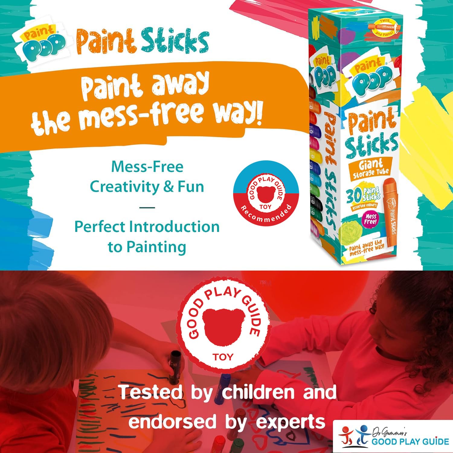 Paint Pop Paint Sticks - 30 Pack Assorted Colors Giant Storage Tube | Mess-Free Painting for Kids