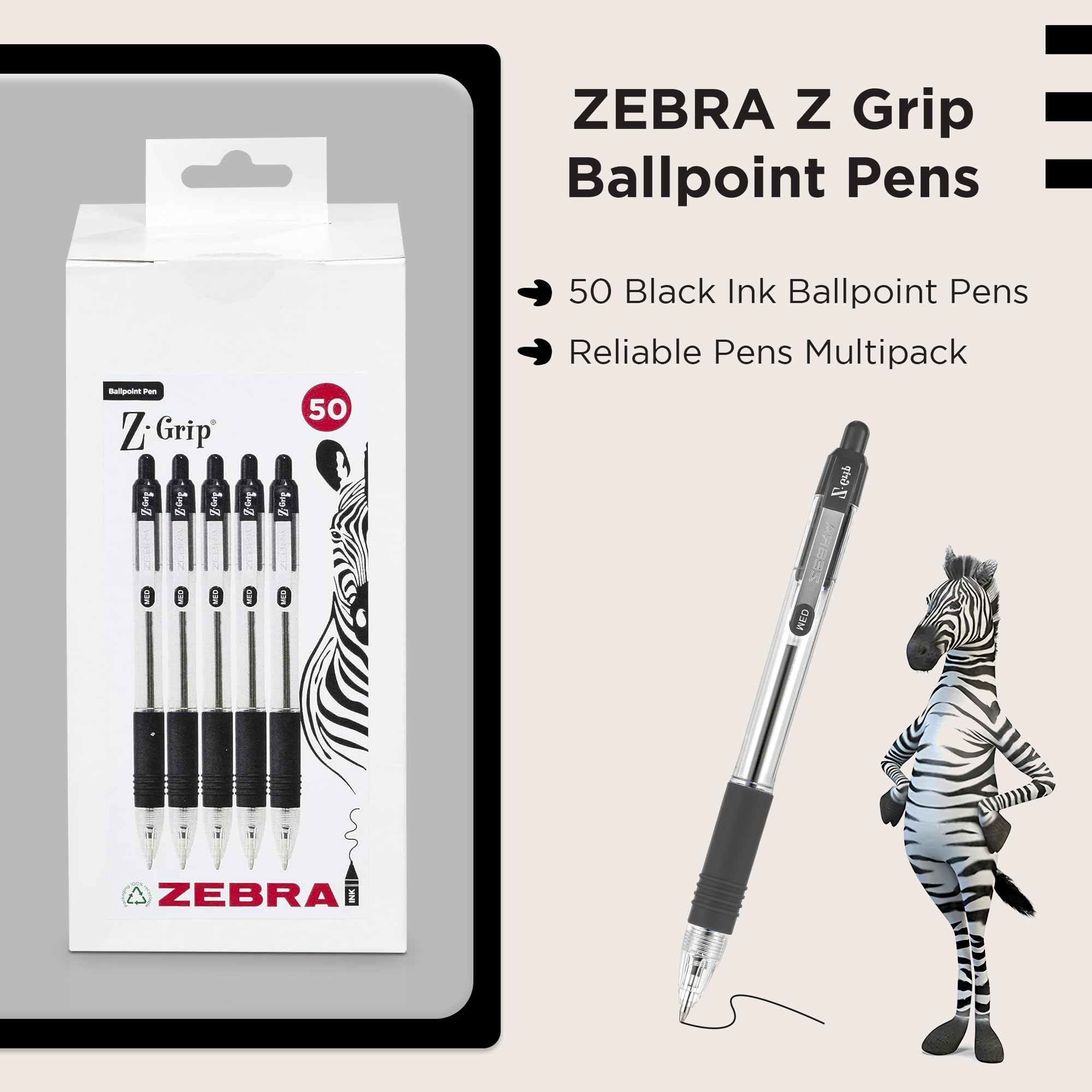 Zebra Pen Z Grip Ballpoint Pens - 50 Count Black Ink, Medium Point, Retractable | Soft Ribbed Grip