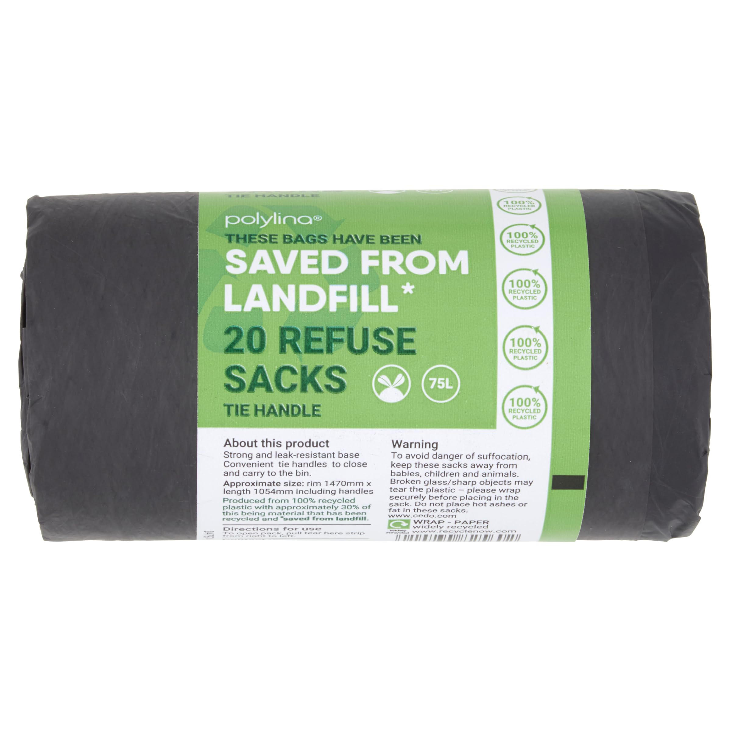 Polylina - 75 Litre Black Bin Liners | 20 Tie Handle Refuse Sacks | 100% Recycled Plastic 2