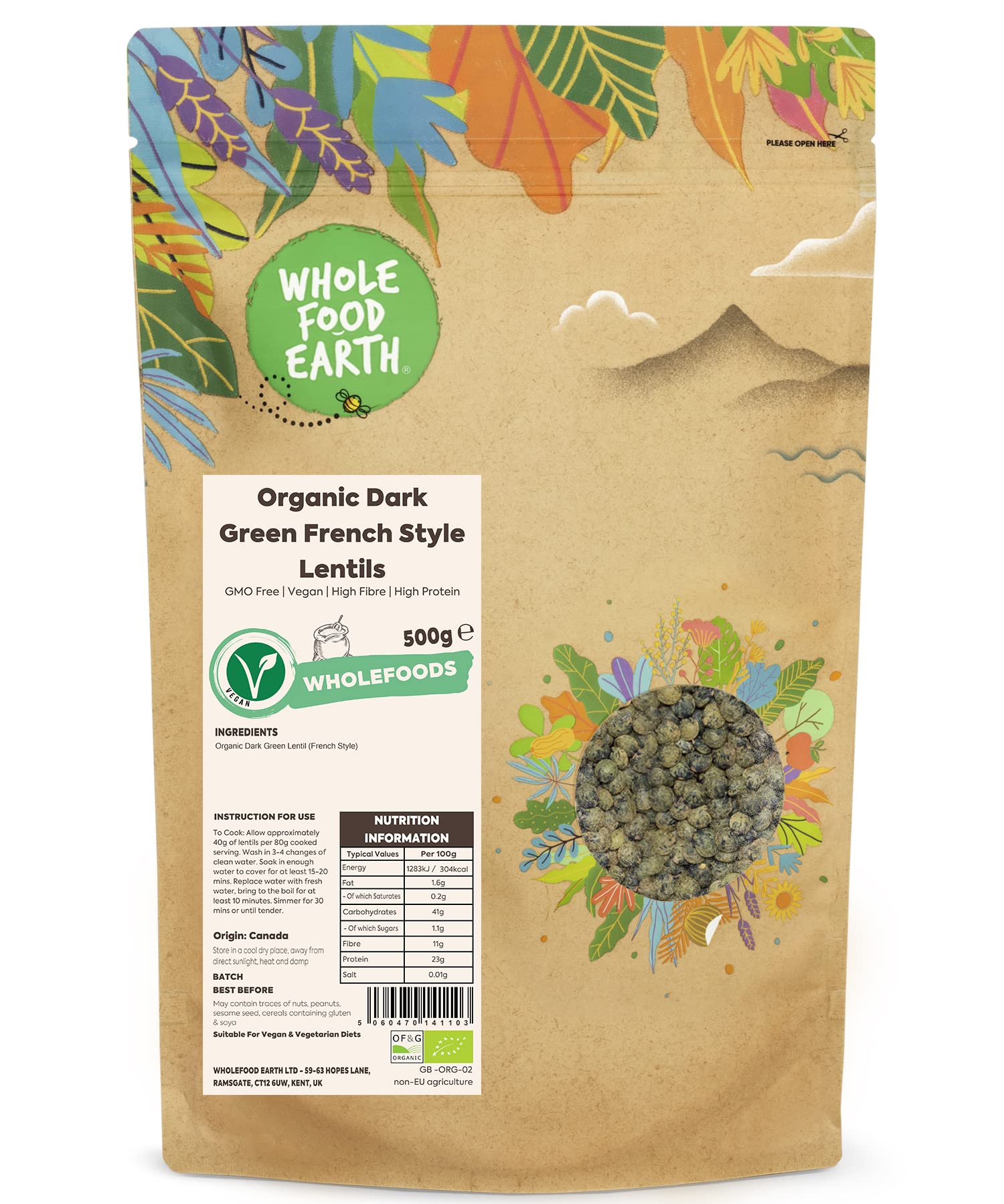 Wholefood Earth Organic Dark Green French Style Lentils - 500g | High Protein | GMO Free 1