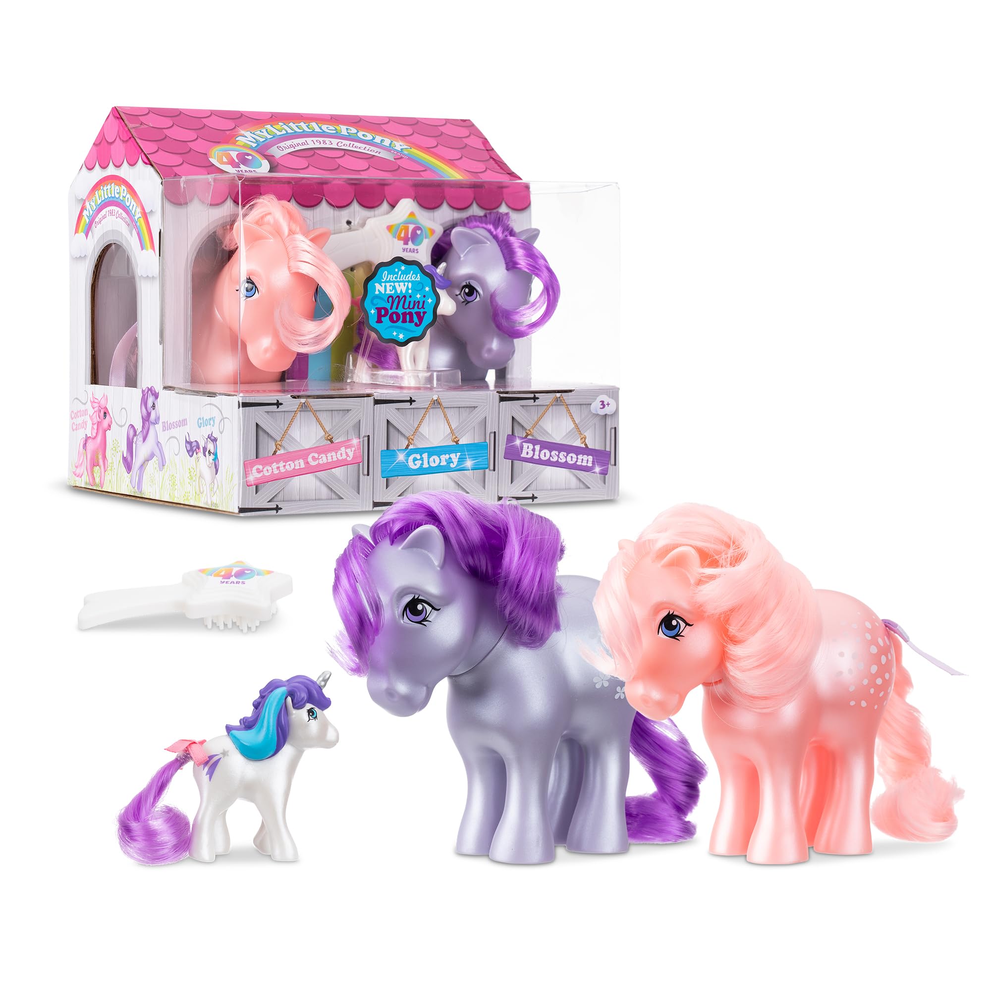 Basic Fun My Little Pony 40th Anniversary Collector Pack | Pearlized Blossom, Cotton Candy & Mini Glory