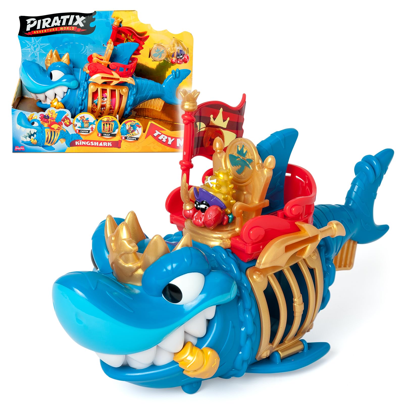 PIRATIX ADVENTURE WORLD King Shark Playset - Articulated Shark with Capture Cage | Blue | Ages 3+ 1