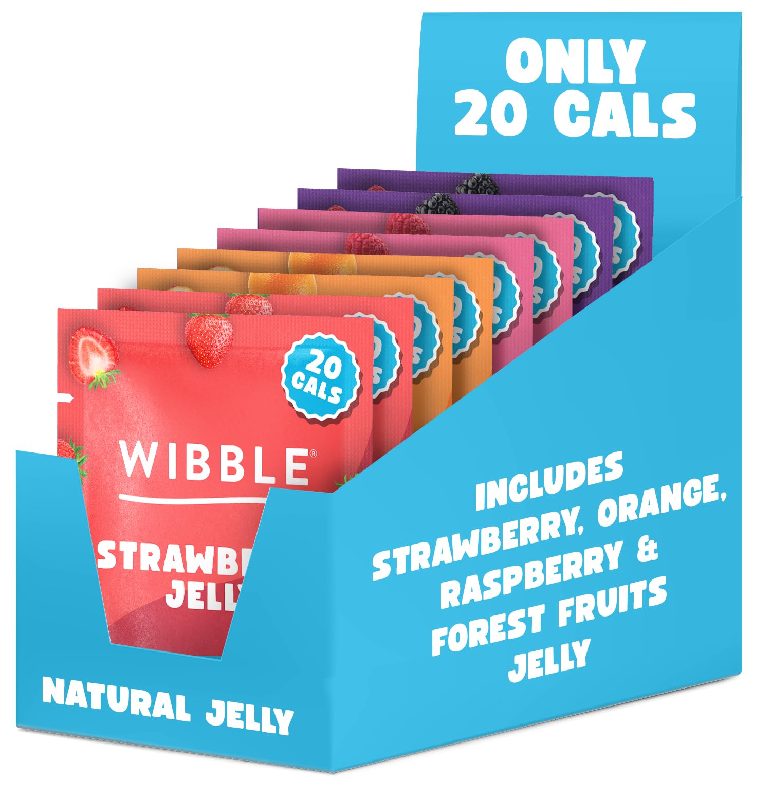 Wibble Natural Crystals 8er-Packung Geleepulver in verschiedenen Geschmacksrichtungen – Pflanzliches, zuckerarmes, kalorienarmes veganes Gelee, 4 Geschmacksrichtungen