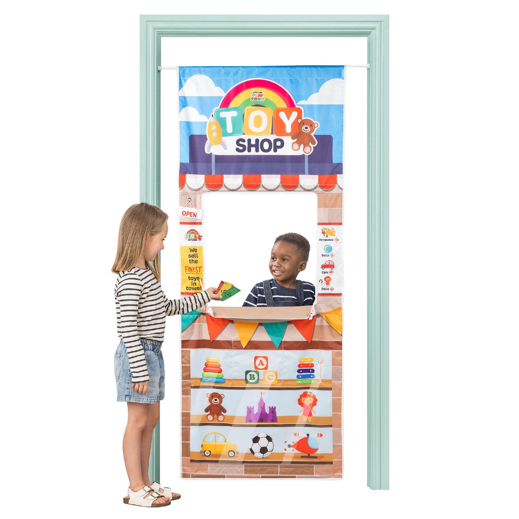 Playhouse Pop Up Play Town Hanging Doorway Toy Shop with Curtain