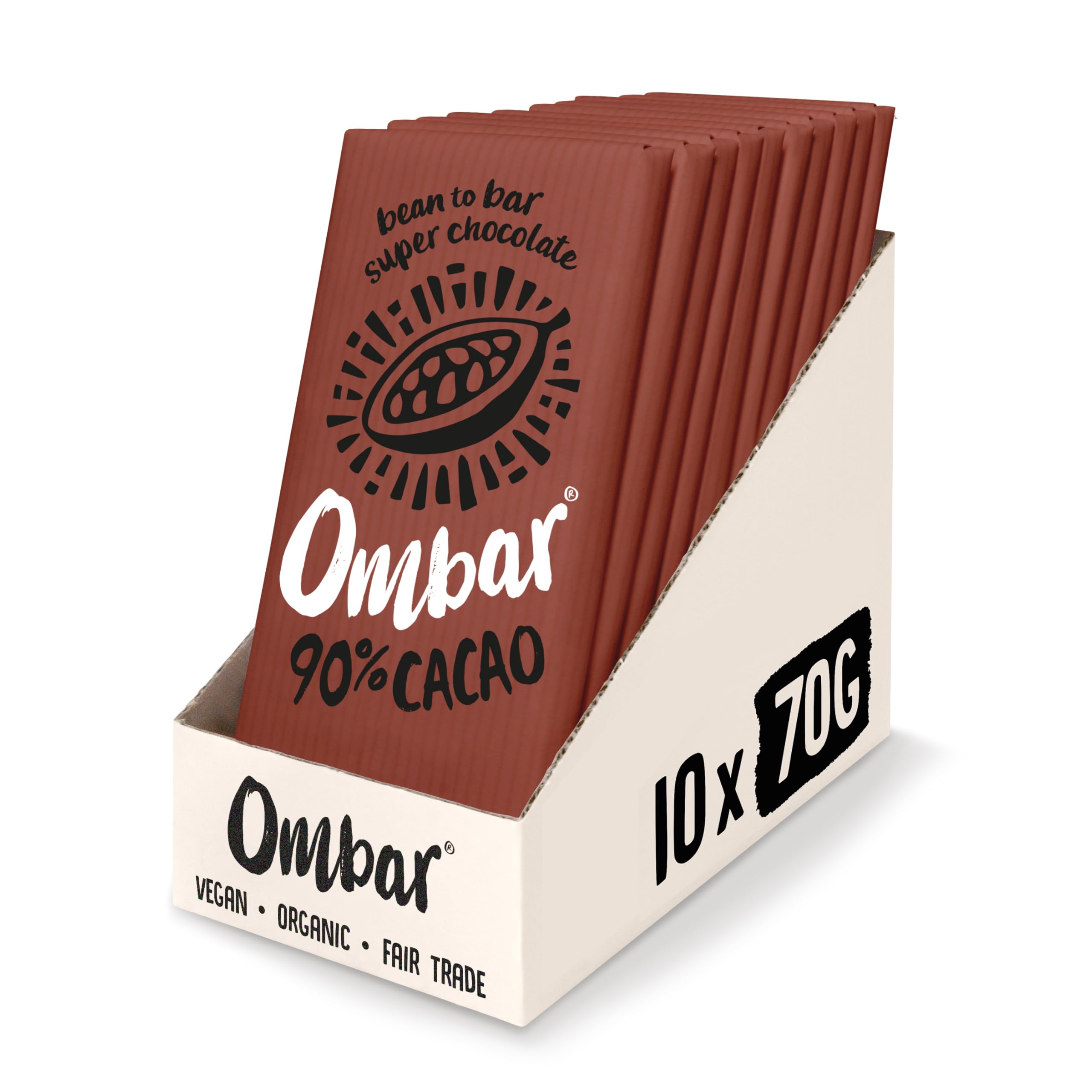Ombar 90% Cacao Dark Chocolate (70g x 10 Bars) Organic Vegan Chocolate Bar