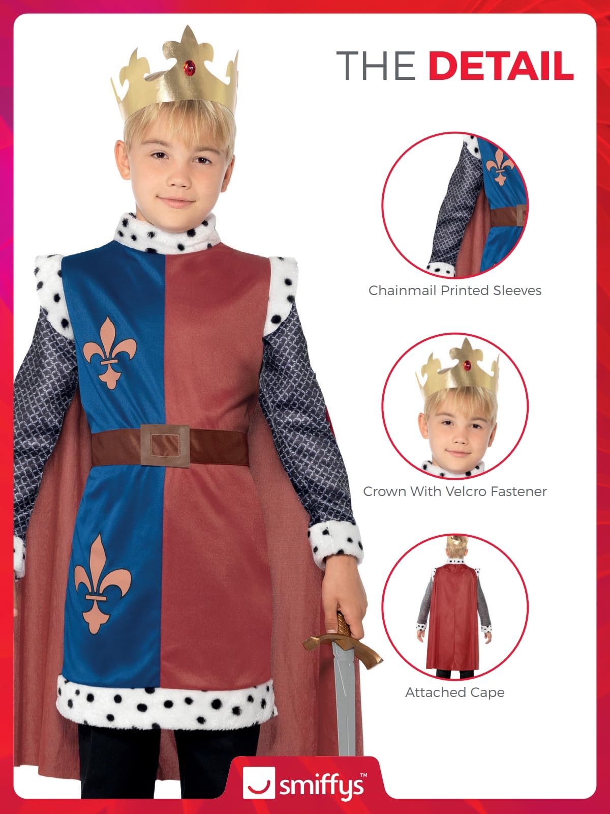 Smiffys King Arthur Medieval Costume - Tunic, Cape & Crown for Boys Ages 4-6 12