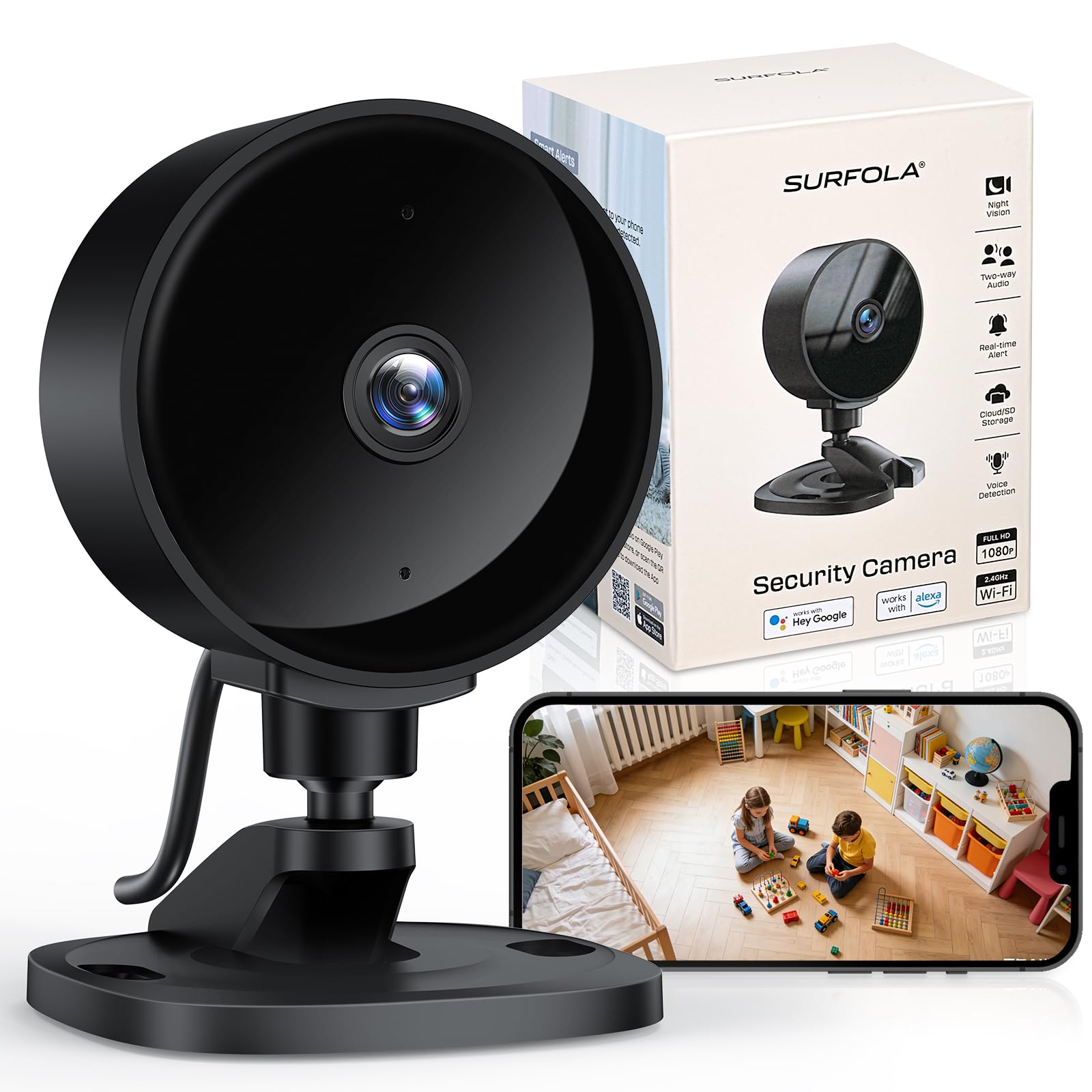 Surfola 1080P Indoor Security Camera - 2 Way Audio, Night Vision, Wi-Fi Connectivity