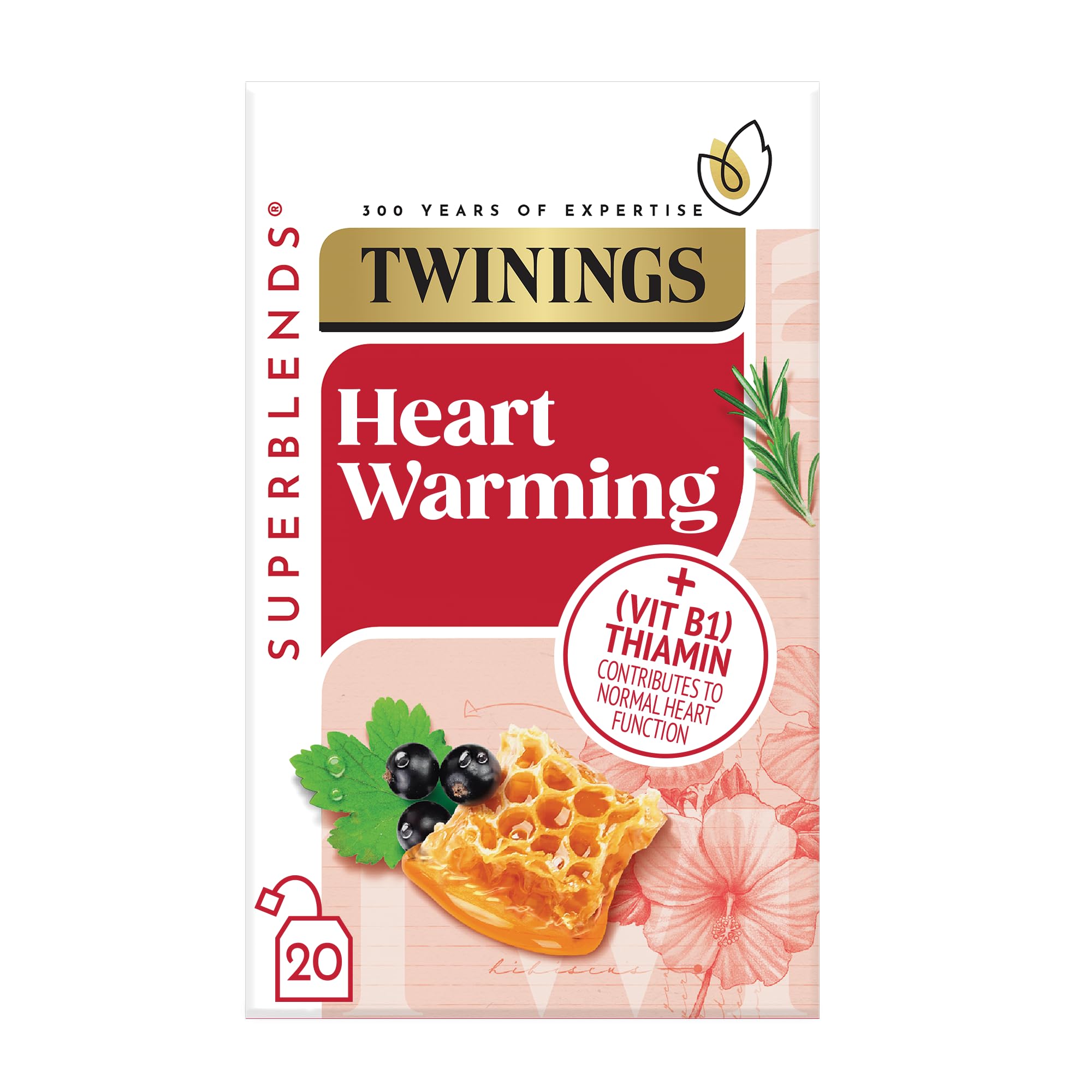 Twinings Superblends Heartea Tee – Kräutertee aus schwarzer Johannisbeere und Rosmarin mit Honig, Hibiskus und Vitamin B1 – 20 biologisch abbaubare Teebeutel