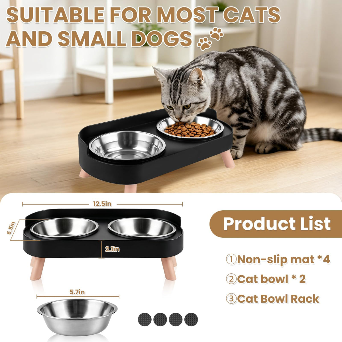 MOXYOY Raised Cat Food Bowls - 2 Stainless Steel Bowls, Splash-Proof Design