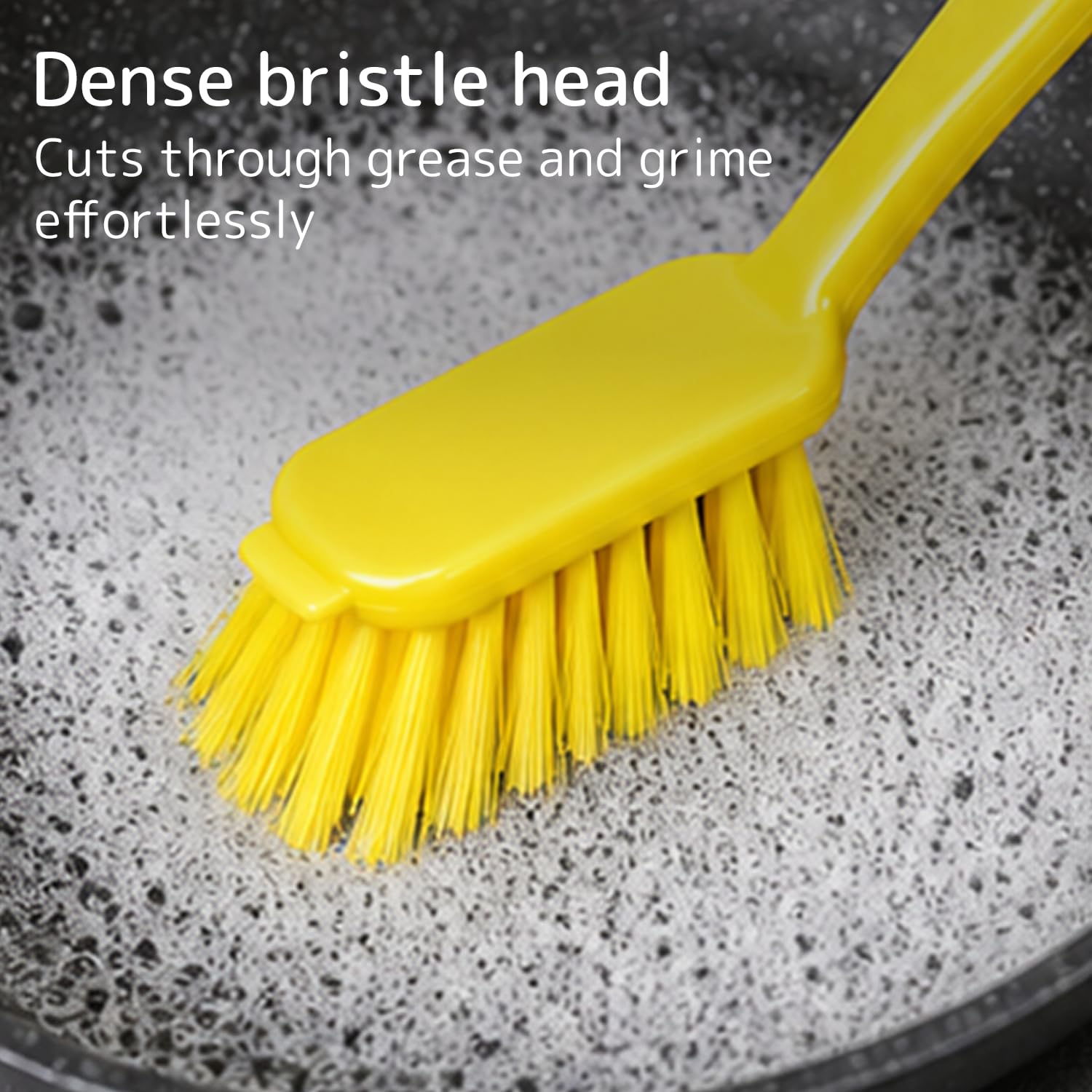 ABENA Yellow Dishwashing Brush - 27cm Long Handle | Stiff Nylon Bristle | Built-In Scraper