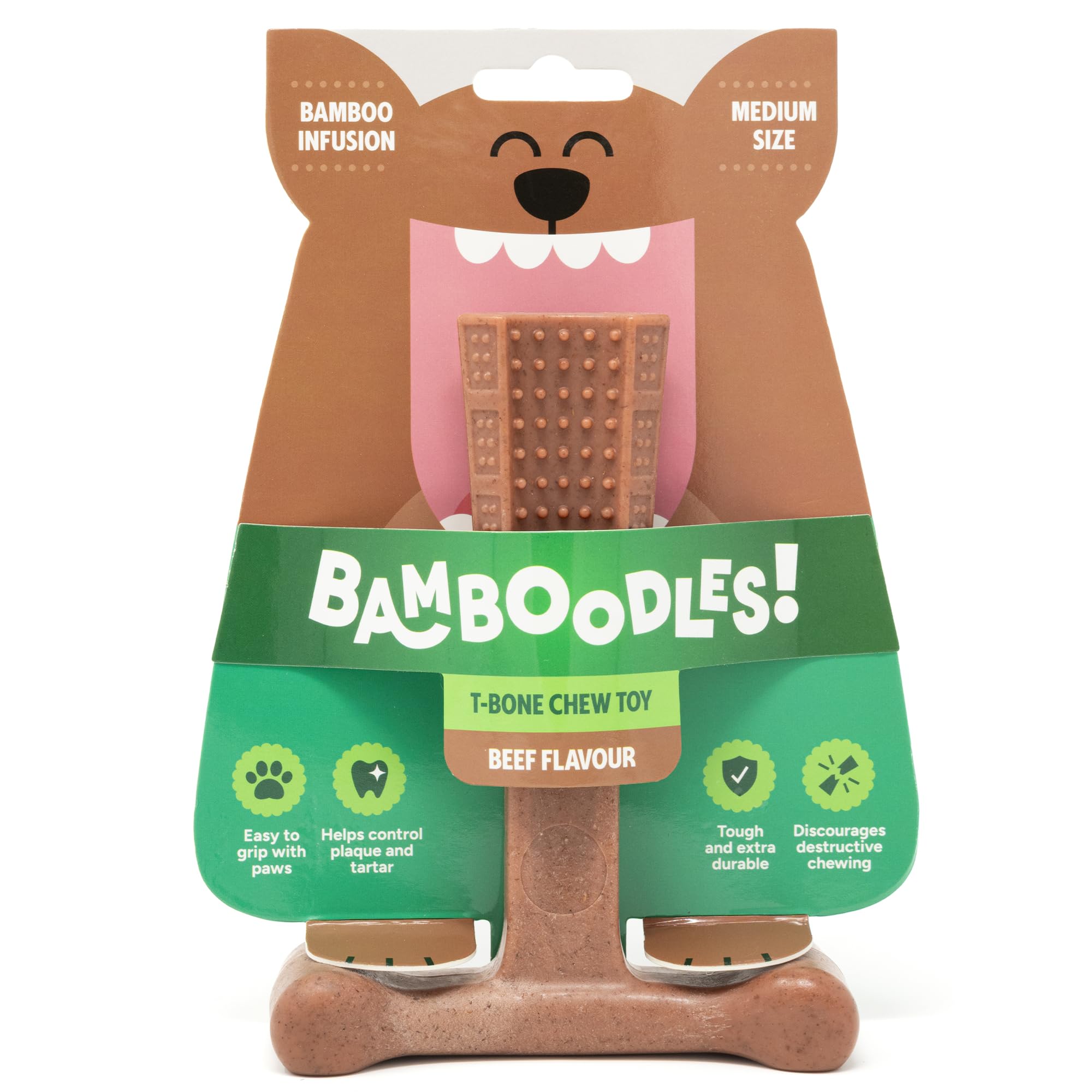 Bamboodles T Bone Dog Chew for Medium Dogs | Beef Flavor | Durable Bamboo & Nylon 1