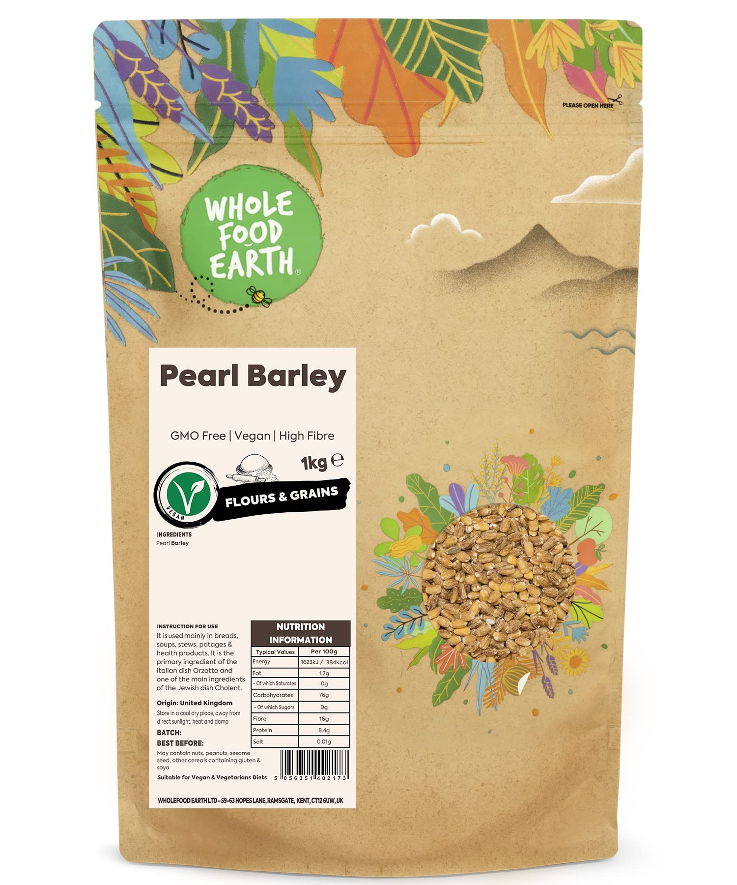 Wholefood Earth Pearl Barley - 1kg Bag | High Fibre | GMO Free 1