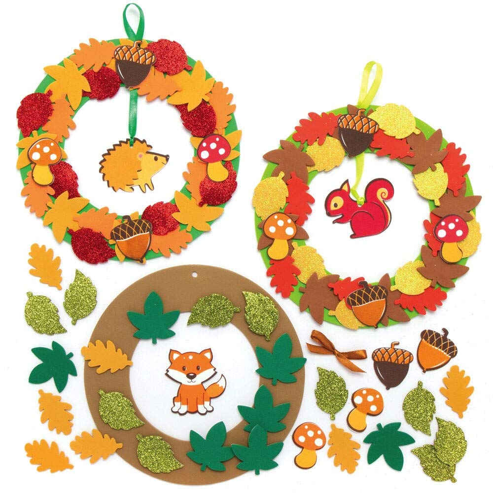 Baker Ross Autumn Wreath Craft Kit - Pack of 3 Foam Wreath Templates with Glitter Stickers and Ribbon 1
