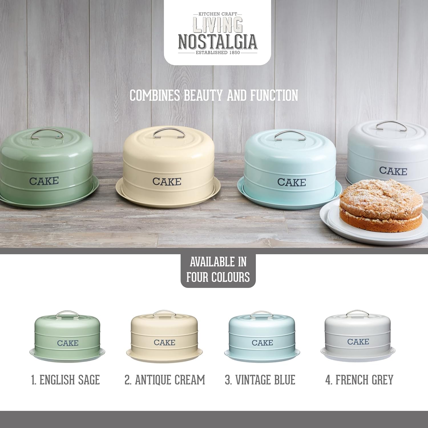KitchenCraft Living Nostalgia Cake Storage Tin - Airtight Cake Dome, 28.5 x 18 cm, English Sage Green 5