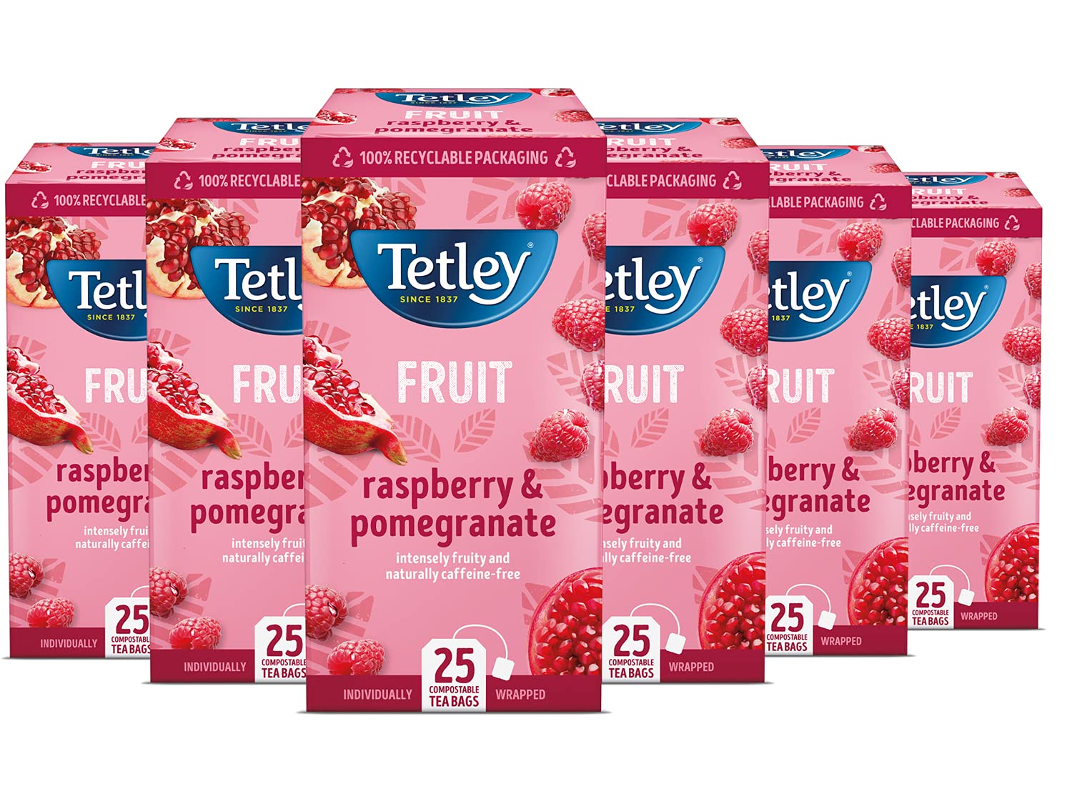 Tetley Raspberry & Pomegranate Tea - Caffeine-Free Herbal Blend | 150 Teabags (6x25)