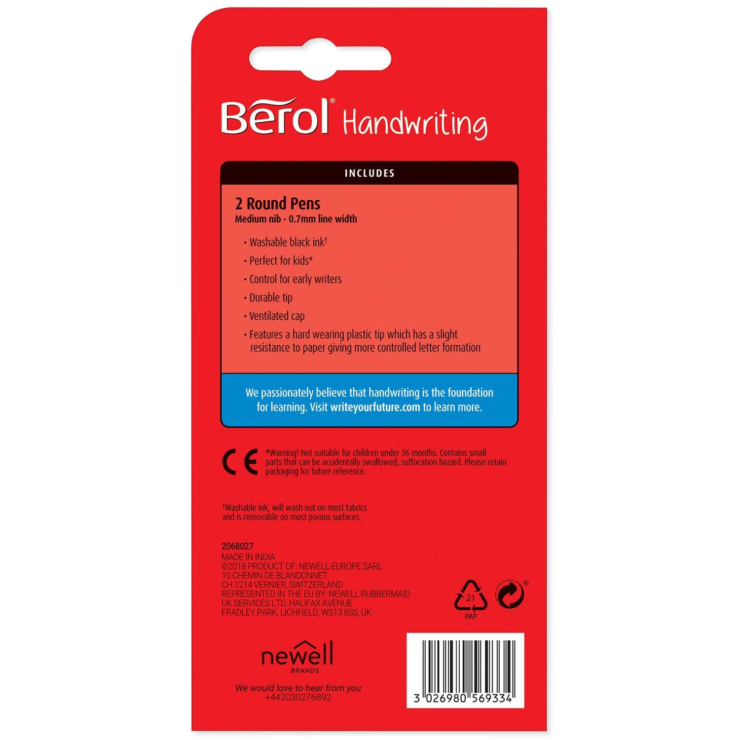 Berol Handwriting Pens | Round Shape is Easy to Hold | Washable Black Ink | Bright Barrels | 2 Count 4
