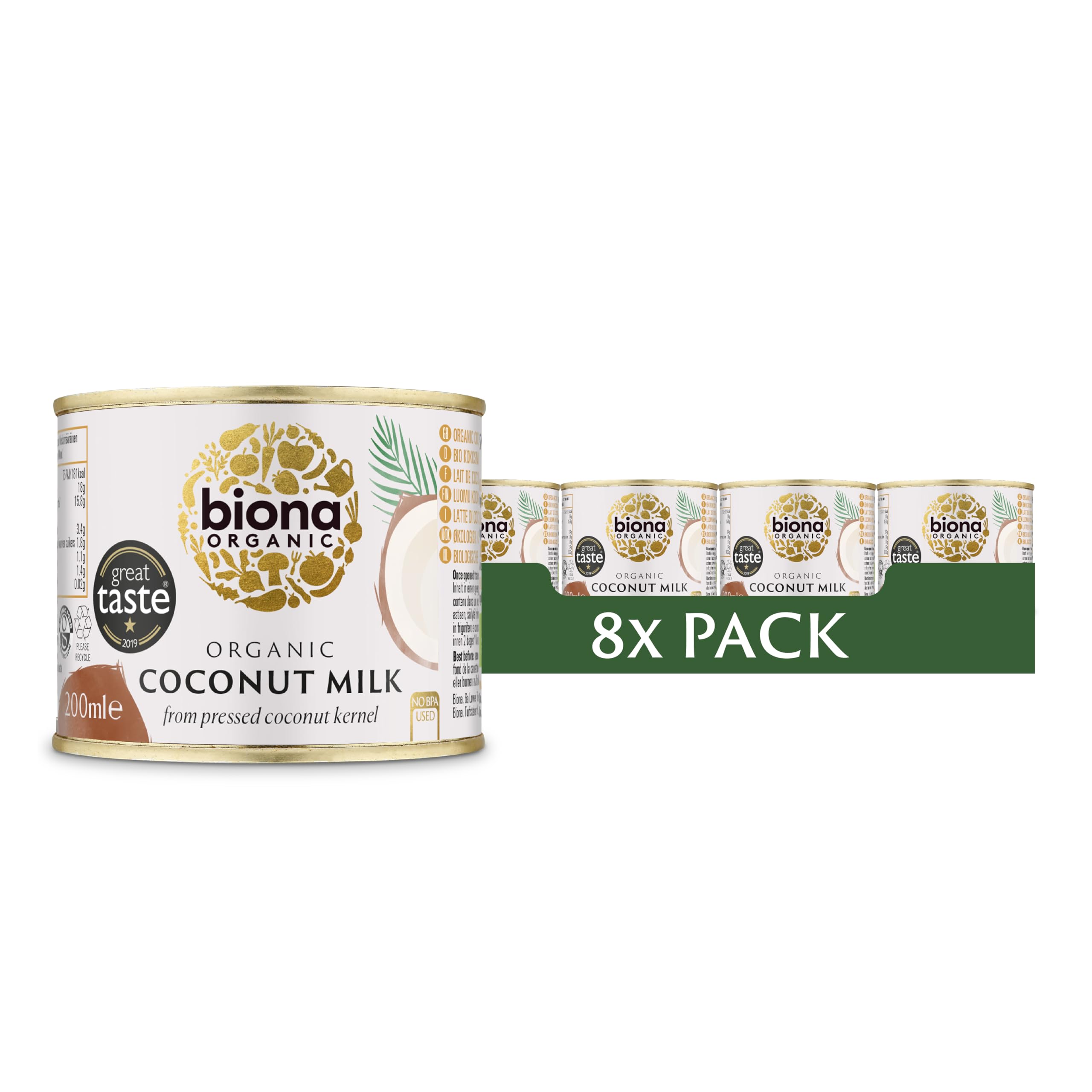 Biona Organic Coconut Milk - Dairy Free, Vegan, Great Taste Award Winner | 8 x 200ml Pack
