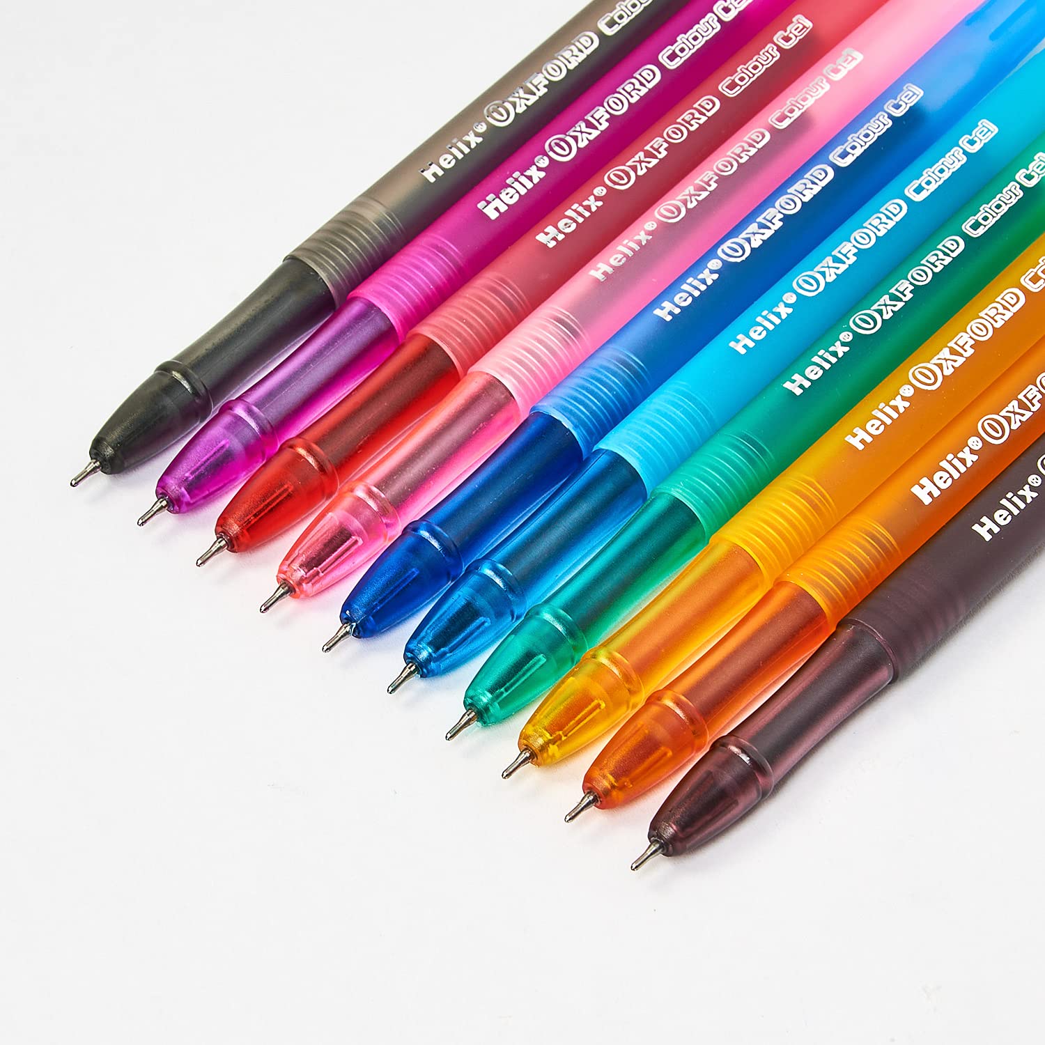 Helix Oxford Colour Gel Pens - 10 Pack Assorted Vivid Colors | 0.7mm Needle Point | Ergonomic Grip