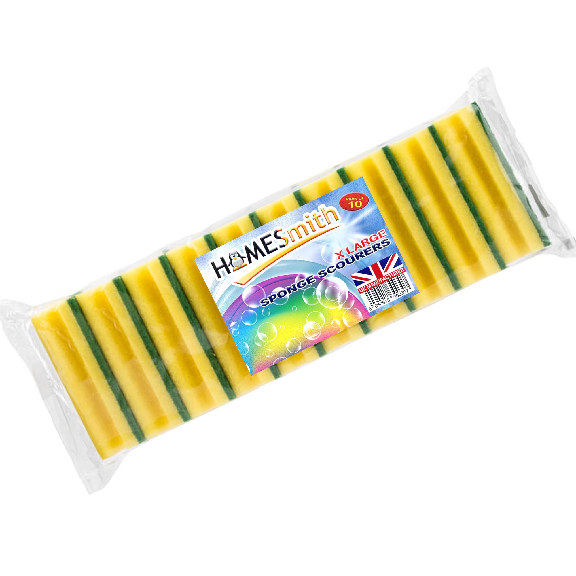 HomeSmith Heavy Duty Scrub Sponge - Dual-Sided Cleaning, Pack of 10 Large Yellow & Green Pads