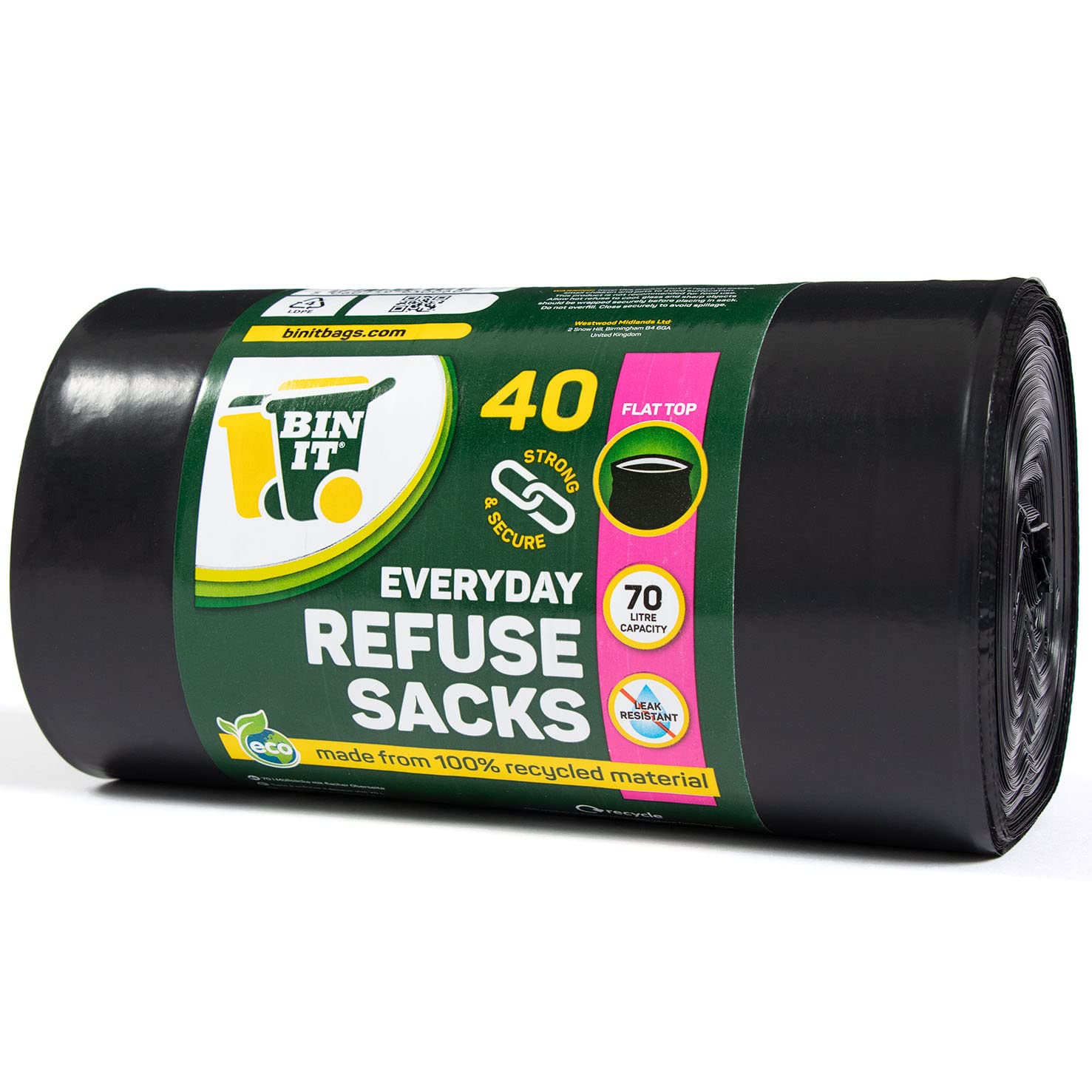 BIN IT 40 Everyday 70L Starke und sichere Müllbeutel, 100 % recyceltes LDPE, 30 μm, flache Oberseite, reißfest, auslaufsicher, hergestellt in Großbritannien