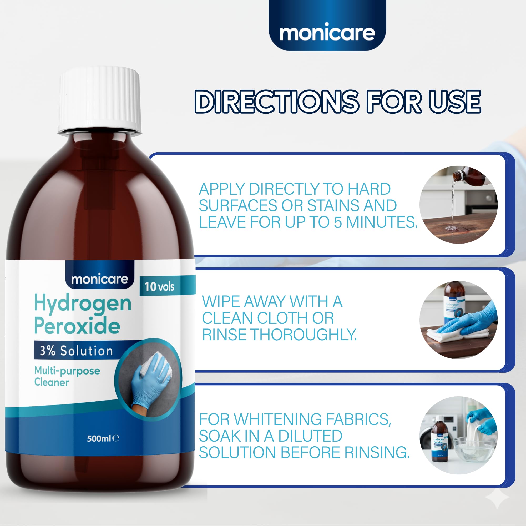 Monicare Hydrogen Peroxide 3% Multi-Purpose Cleaner - 500ml Liquid | Hospital Grade | Unscented 6