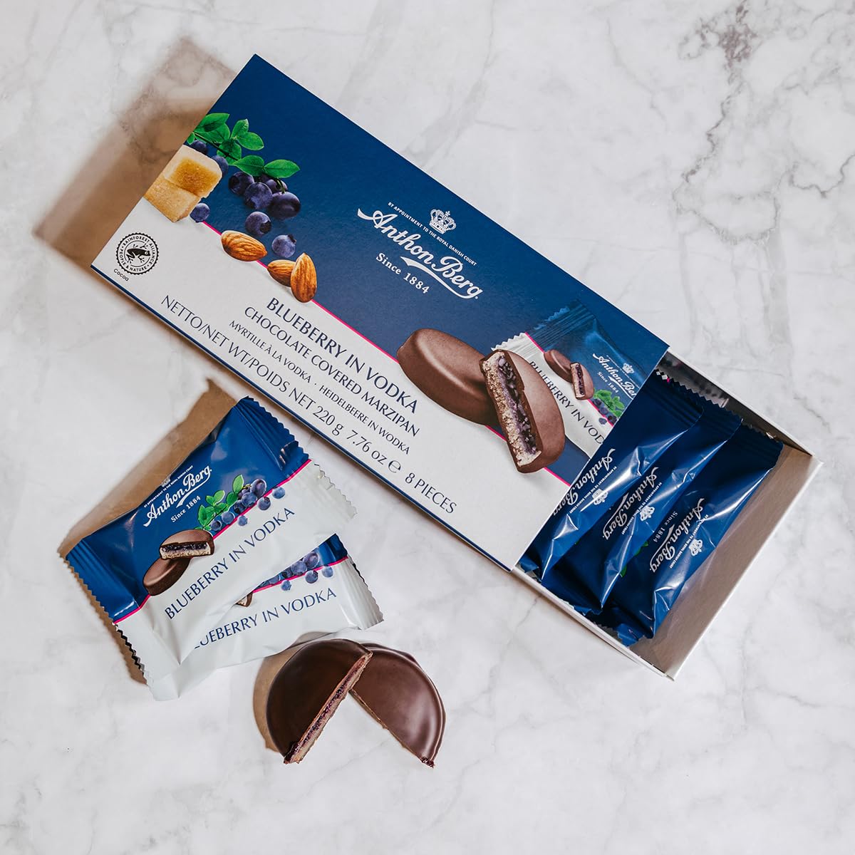 Anthon Berg Dark Chocolate Covered Marzipan Treats with Blueberry in Vodka, 220g 3