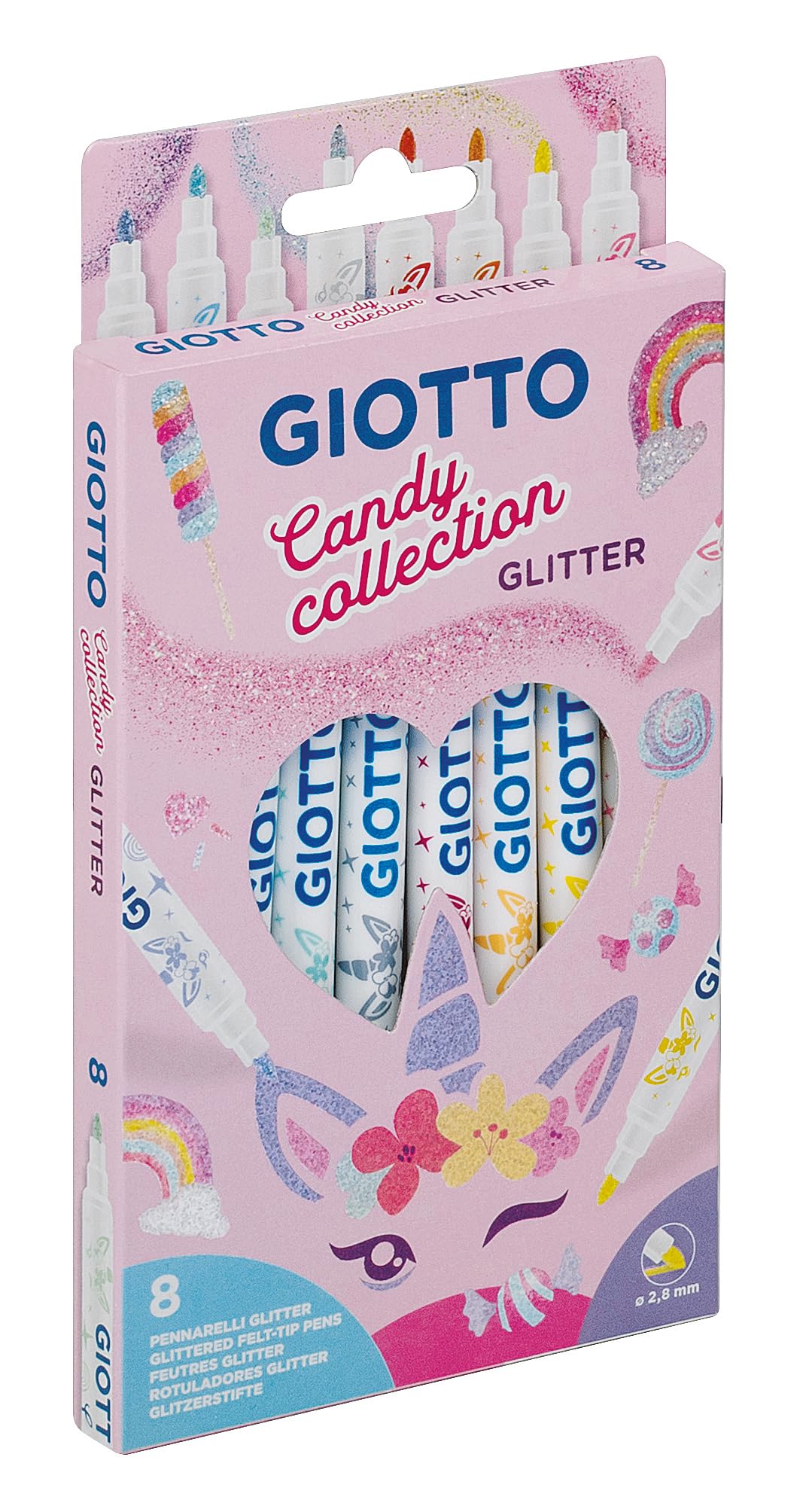 GIOTTO Turbo Glitter Felt Tip Pens - 8 Assorted Pastel Colours | Fine Anti-Retraction Tip