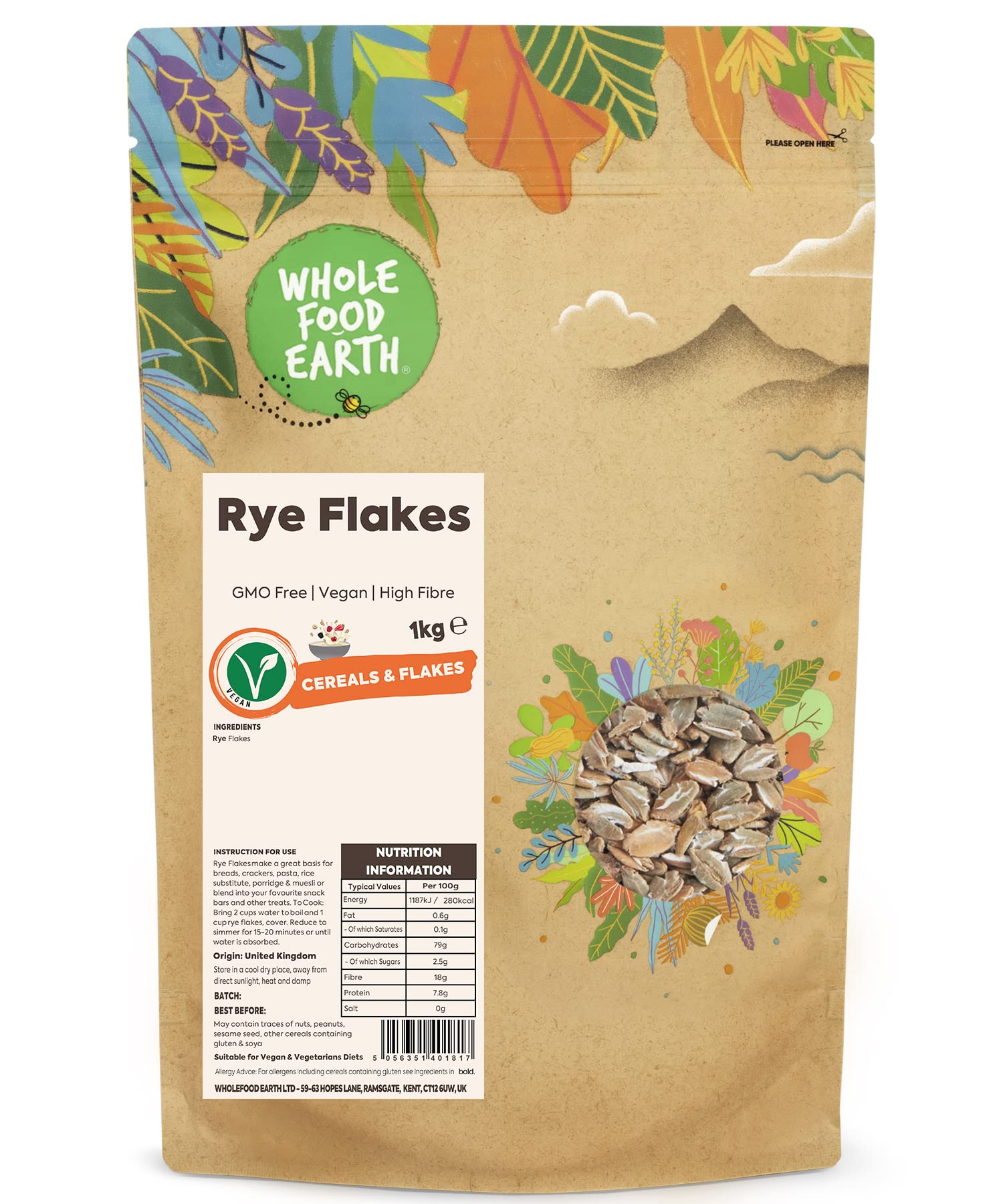 Wholefood Earth Rye Flakes - High Fibre, GMO Free | 1 kg