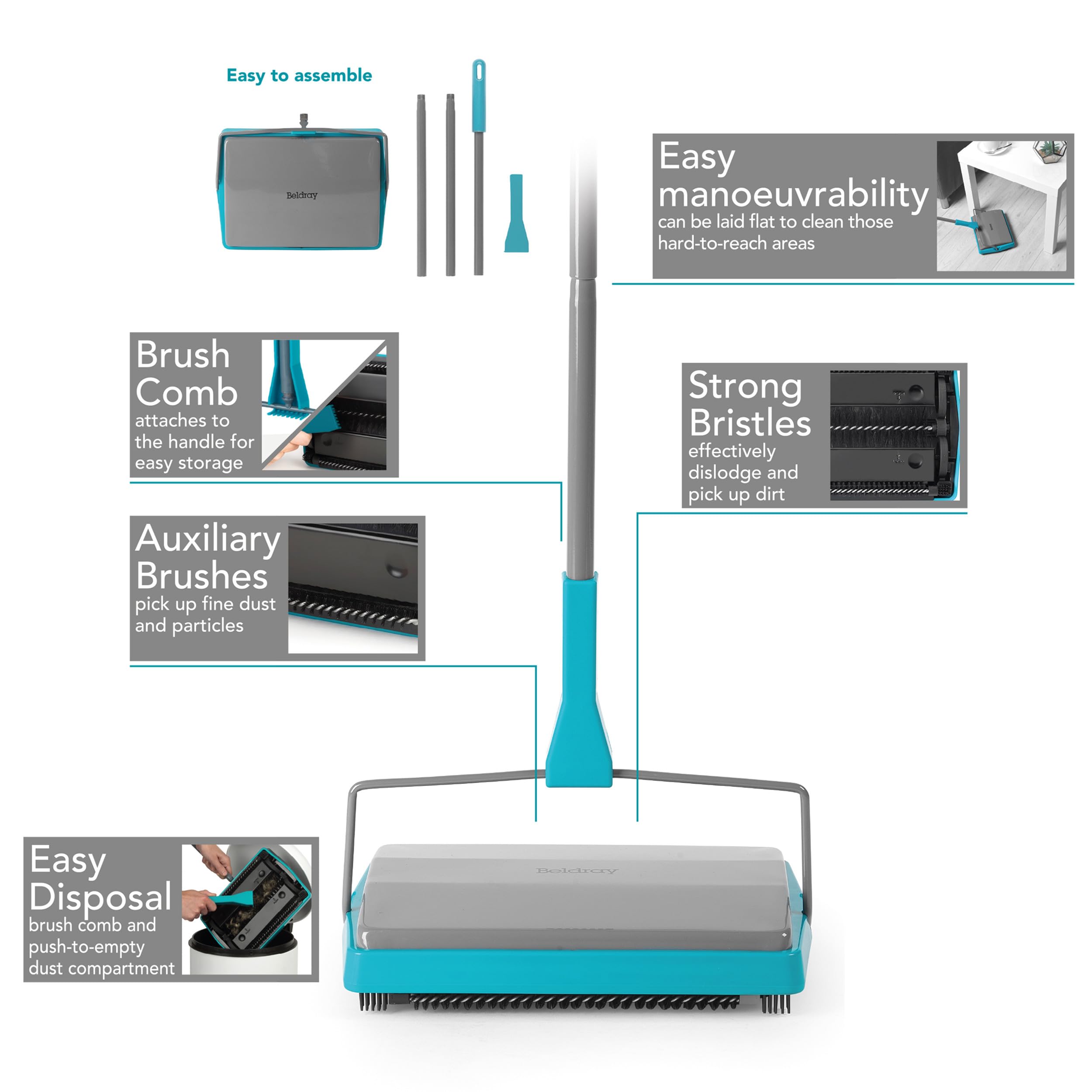 Beldray LA024855TQ Manual Carpet Sweeper - Cordless, Lightweight, Turquoise | Removes Pet Hair 5