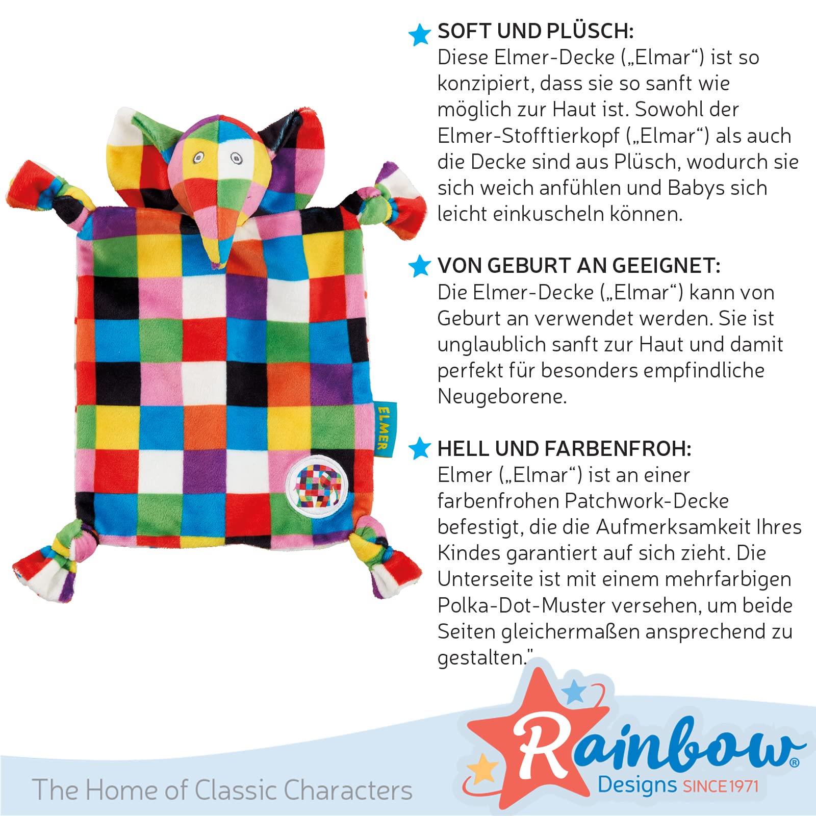 Rainbow Designs Elmer Elephant Comfort Blanket | Baby Soft | Polyester | Suitable from Birth 4