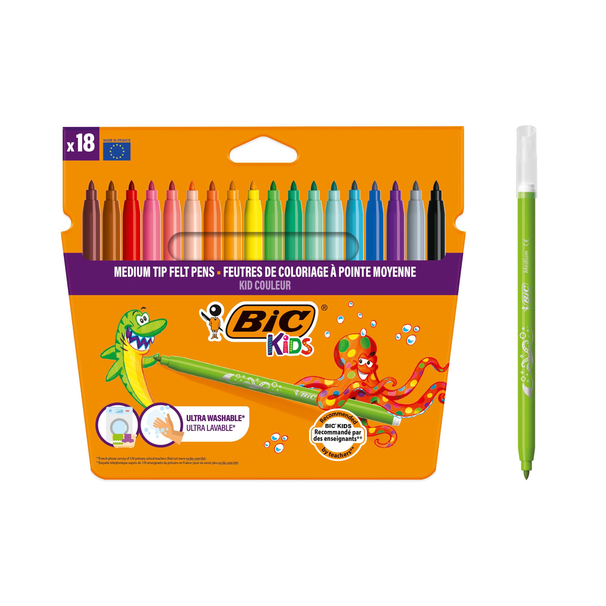 BIC Kids Kid Couleur Felt Tip Colouring Pens - Assorted Colours, Water-Based, Cardboard Wallet of 18