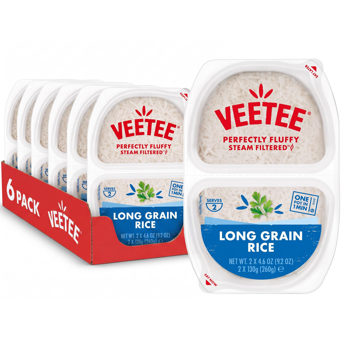 VEETEE Microwavable Long Grain Rice Twin Pot - 260 g, Pack of 6