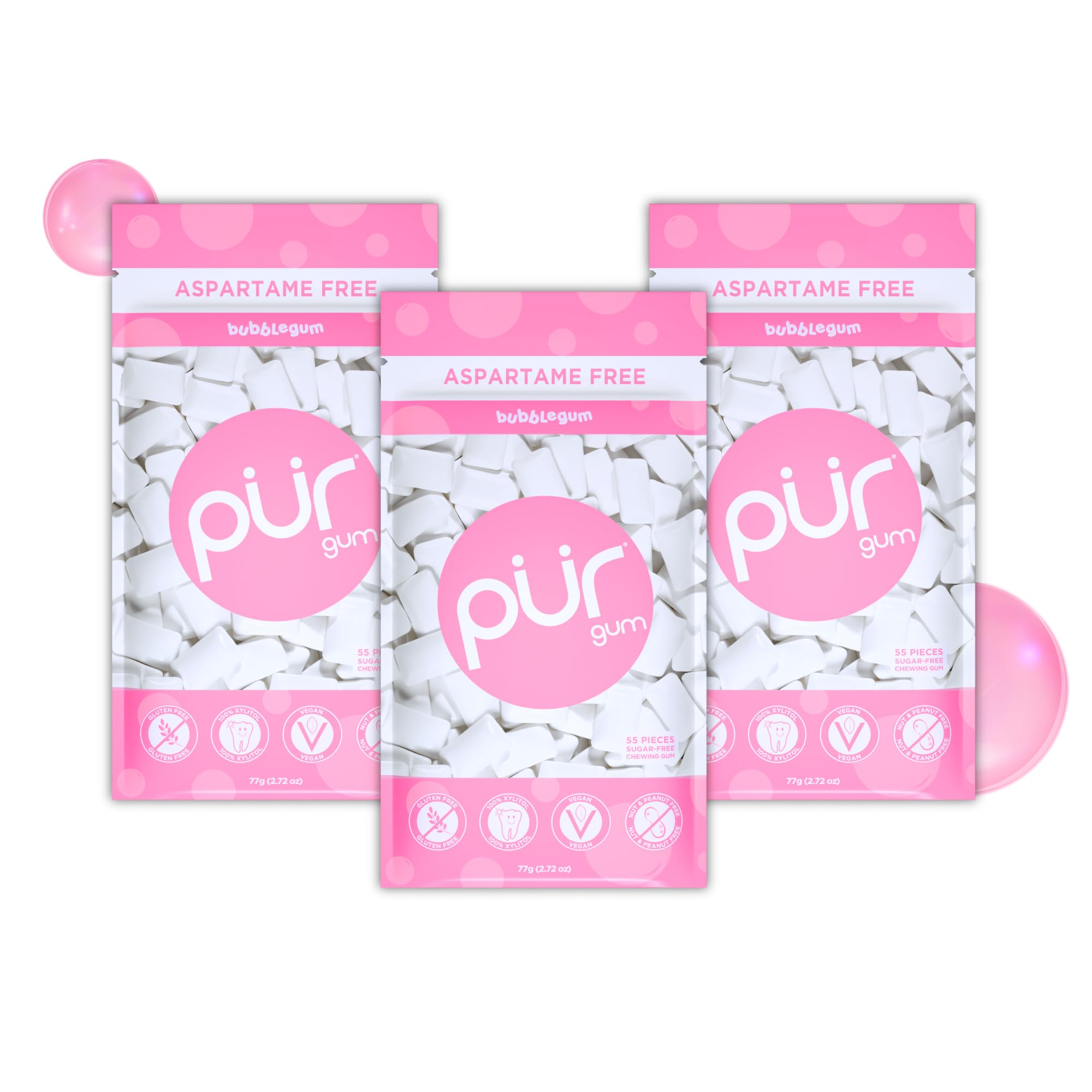 PUR Gum Sugar Free Chewing Gum, Natural Bubblegum Flavor, Xylitol Sweetened, 55 Count (Pack of 3)