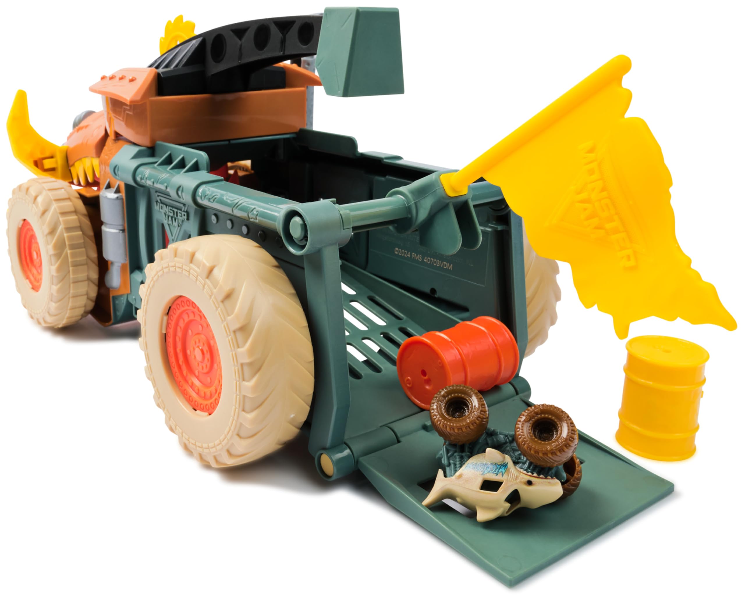 Monster Jam Mini Jams Megalodon Mad Hog Chomper Playset | 1:87 Scale Truck & Barrels 8