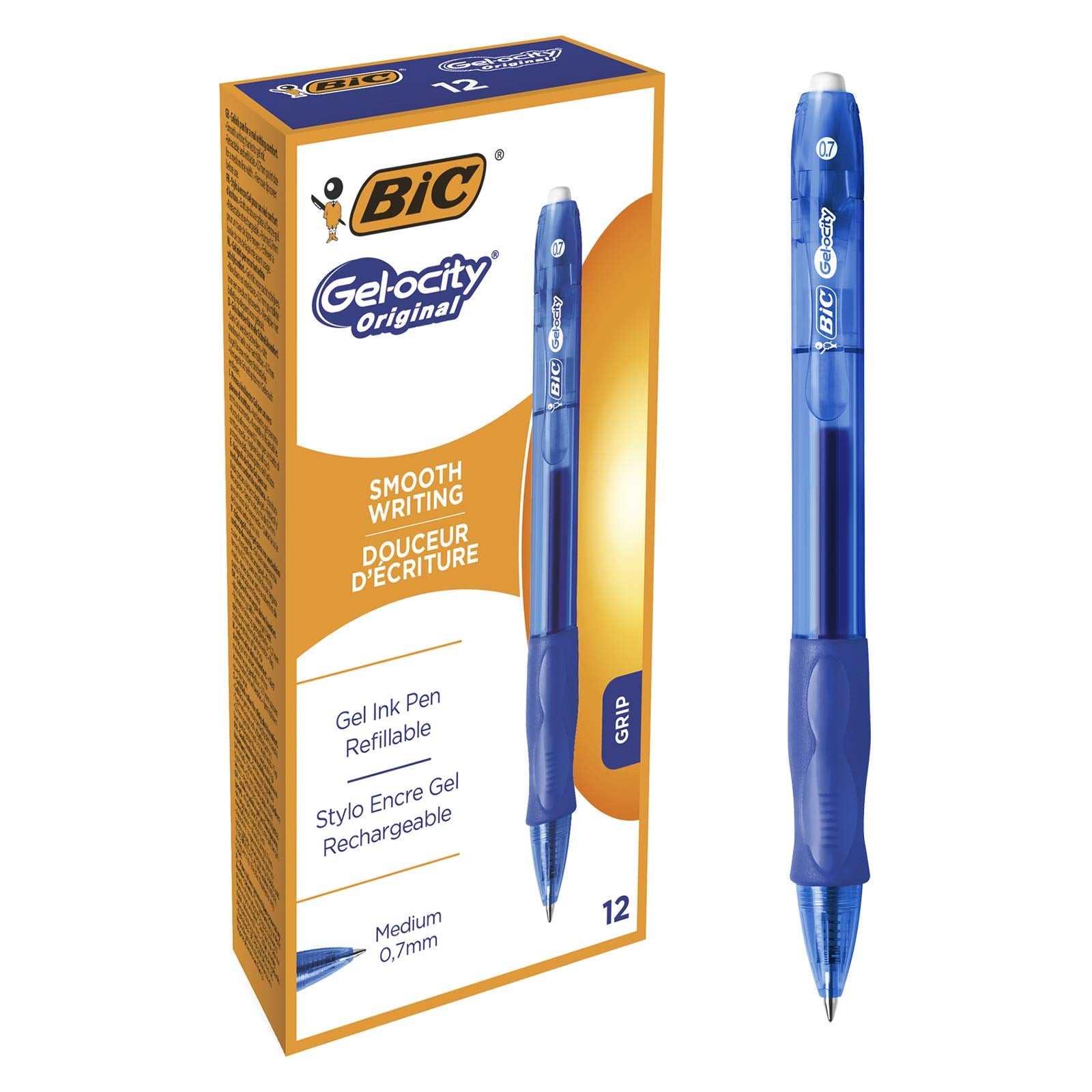 BIC Velocity 0.7 mm Retractable Gel Pen - Blue Ink | Comfort Rubber Grip | 12 Count Pack