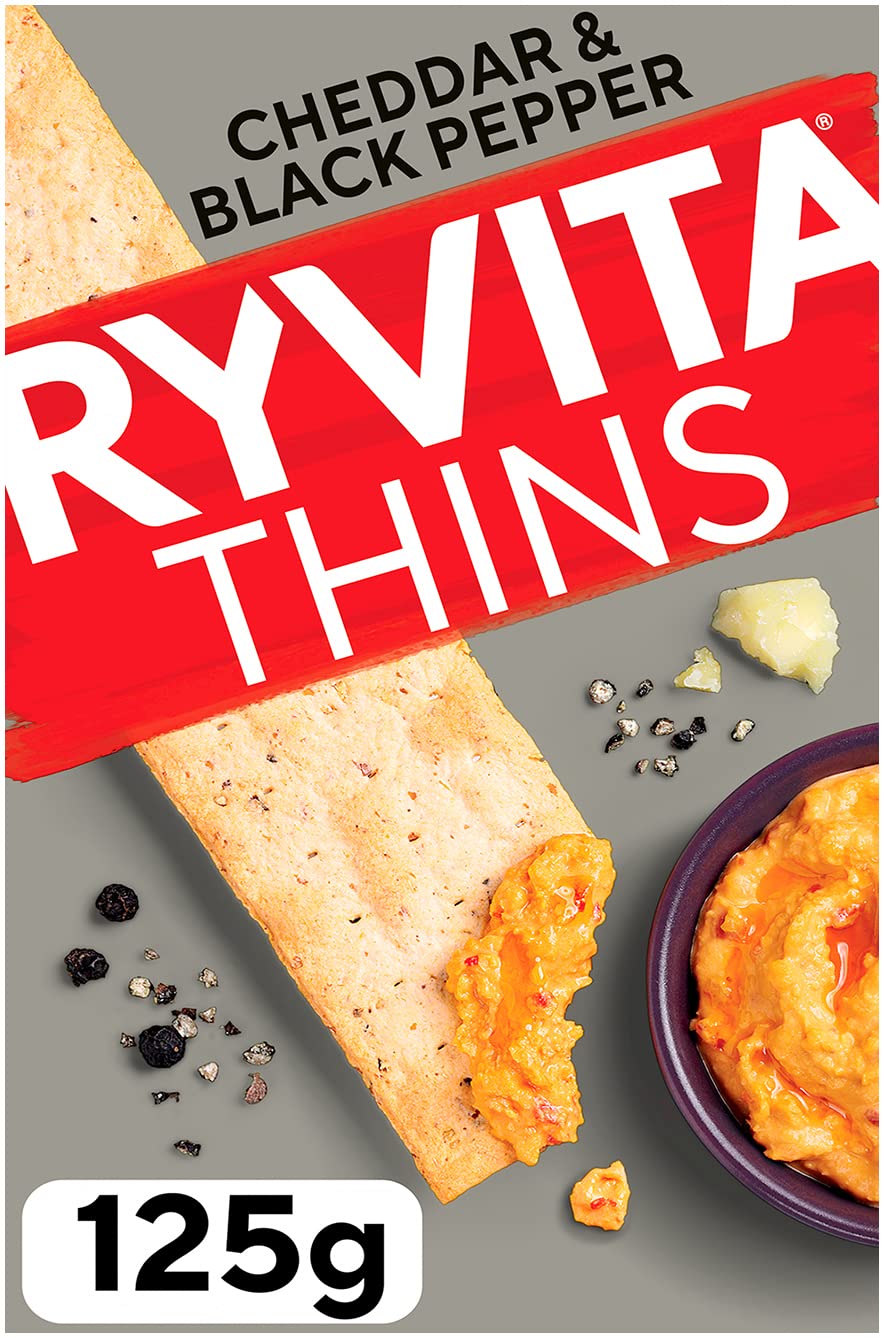 Ryvita Cheddar & Cracked Black Pepper Thins - 6 Packs of 125g | Source of Fibre | Made in UK 2