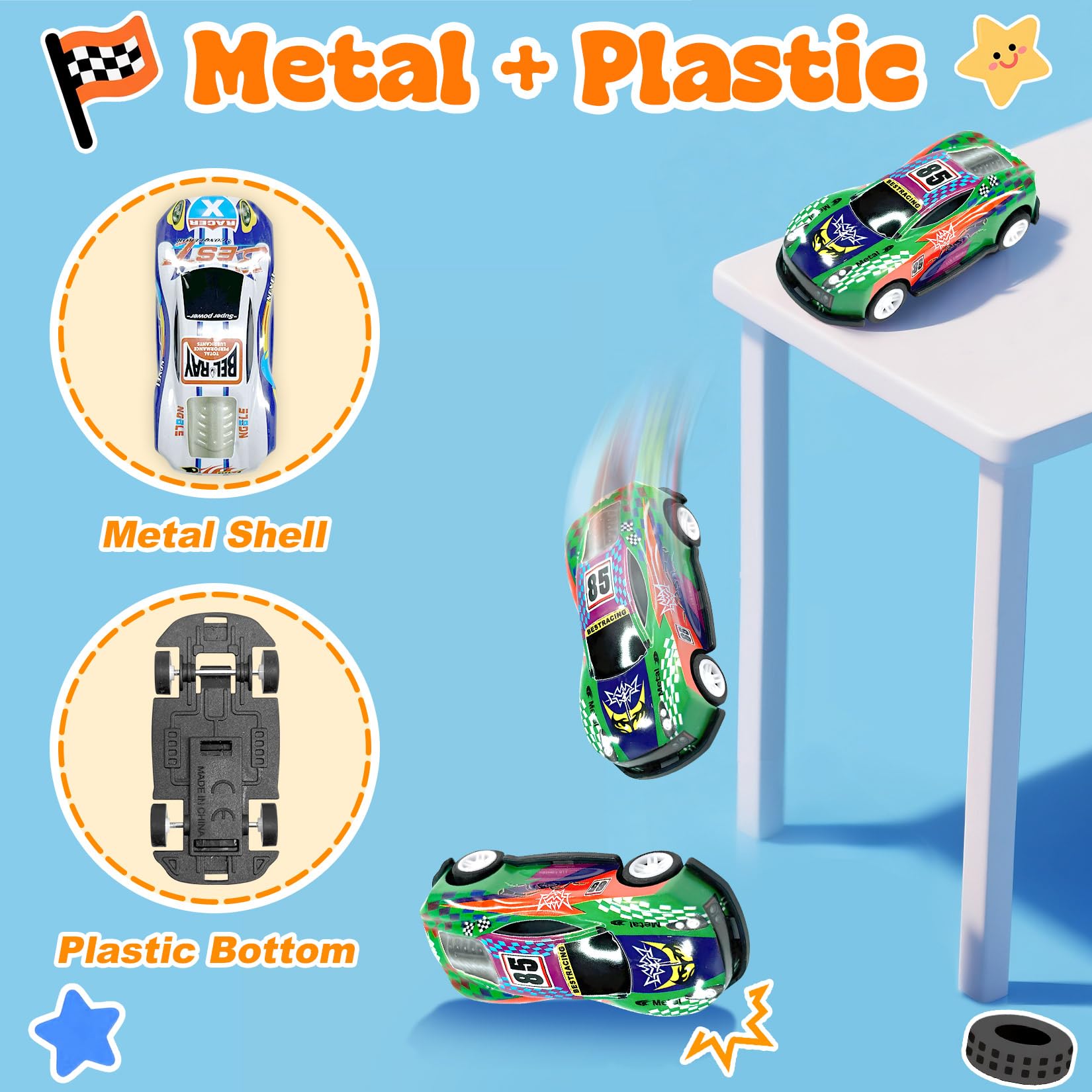 TOYABI Toy Cars - 10Pcs Pull Back Racing Set with Launcher, Mat & Obstacles for Kids 2