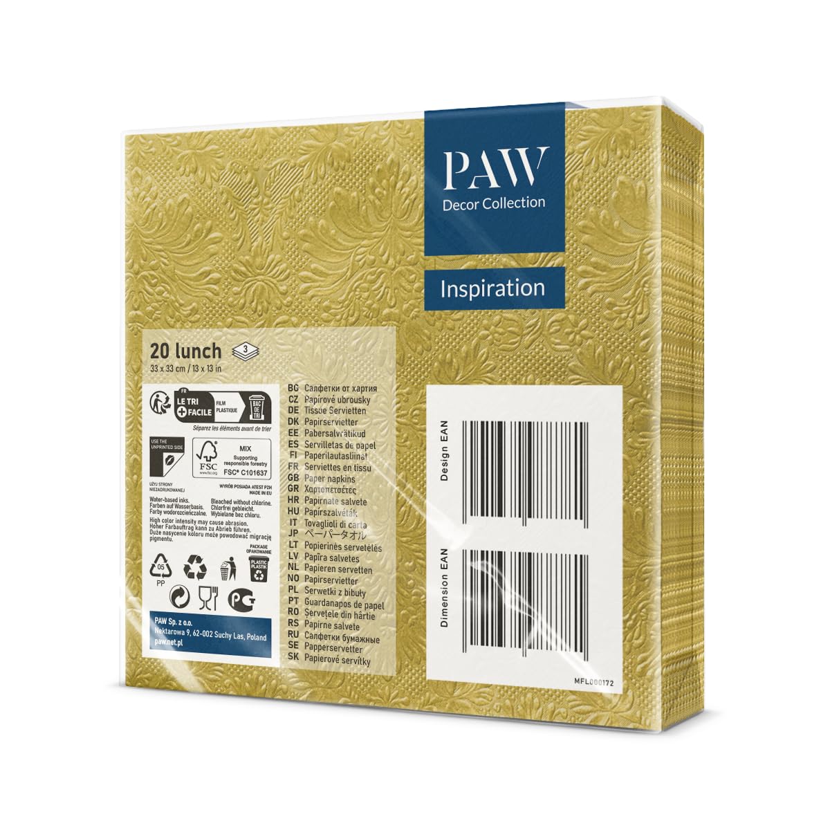 PAW Decor Collection Gold 3-Ply Napkins (33 x 33 cm) – 20 Pieces, FSC & Ecolabel-Certified 9