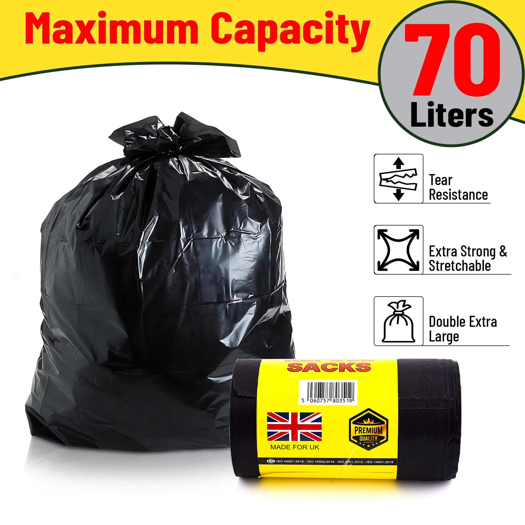 REQUISITE NEEDS Ultra Heavy Duty Refuse Sacks - 70L Capacity | Pack of 40 | Black