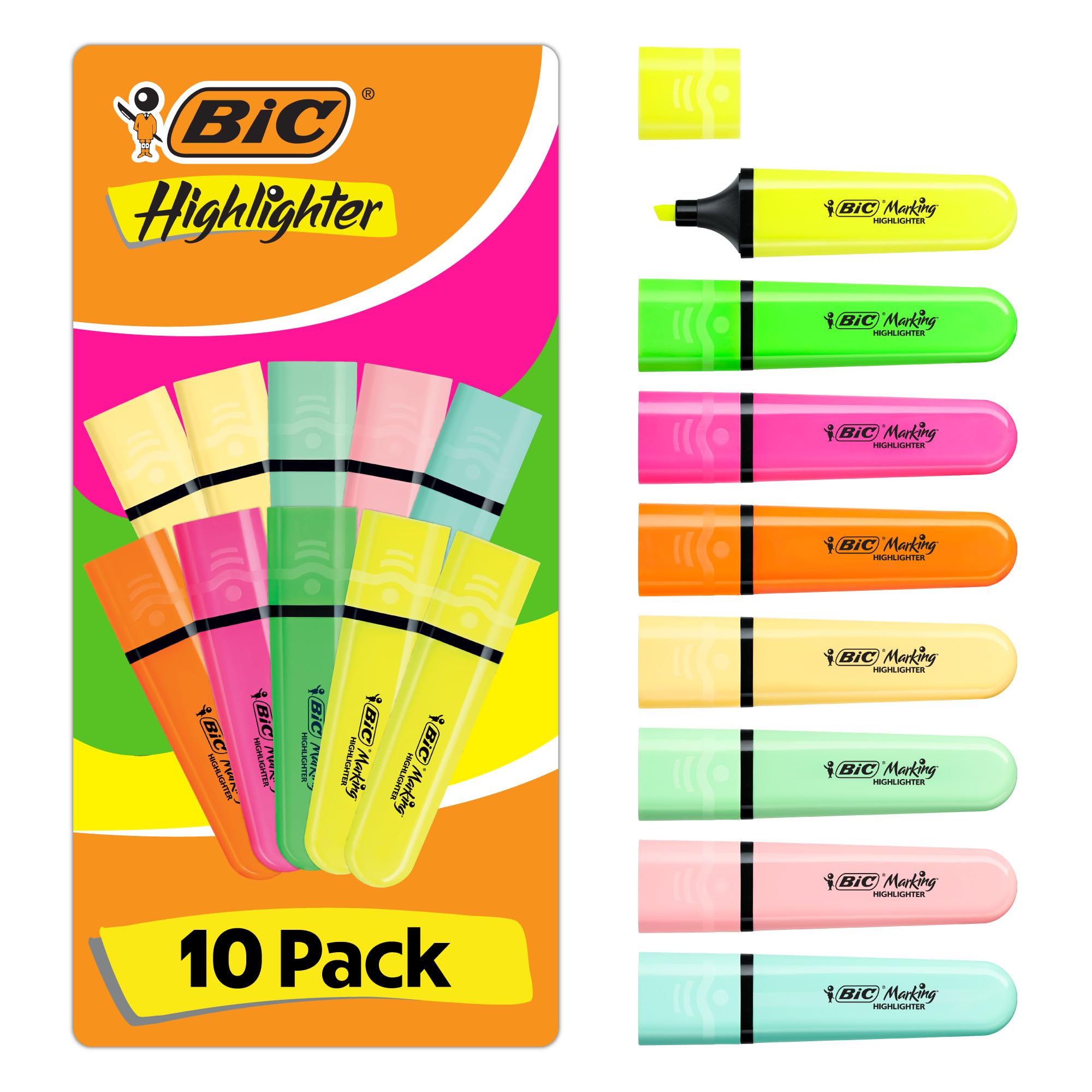 BIC Marking Flat Highlighter Pens with Modular Chiselled Nib (1.2 mm-4.6 mm) | Pack of 10