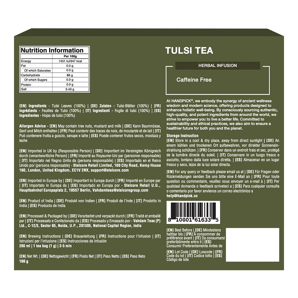 HANDPICK Holy Basil Tea Bags (100 Count) Caffeine-Free, Non-GMO Tulsi Leaves Herbal Tea 9