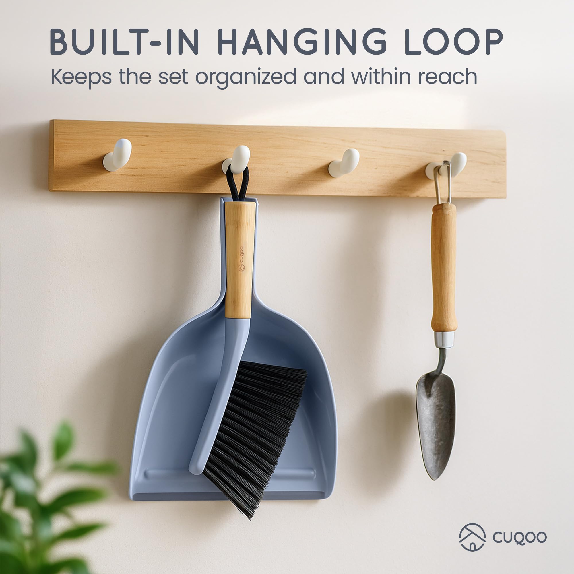 CUQOO Compact Bamboo Dustpan and Brush Set | Soft Scratch-Free Bristles | Grey 7