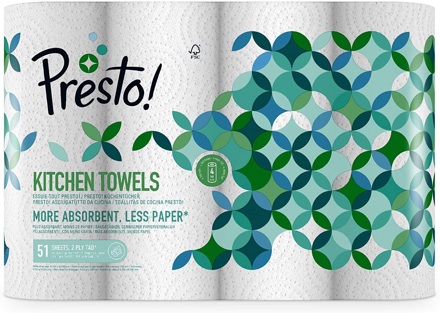 Presto! TAD Kitchen Roll - Extra Absorbent 2-Ply | 51 Sheets per Roll | Pack of 4 1