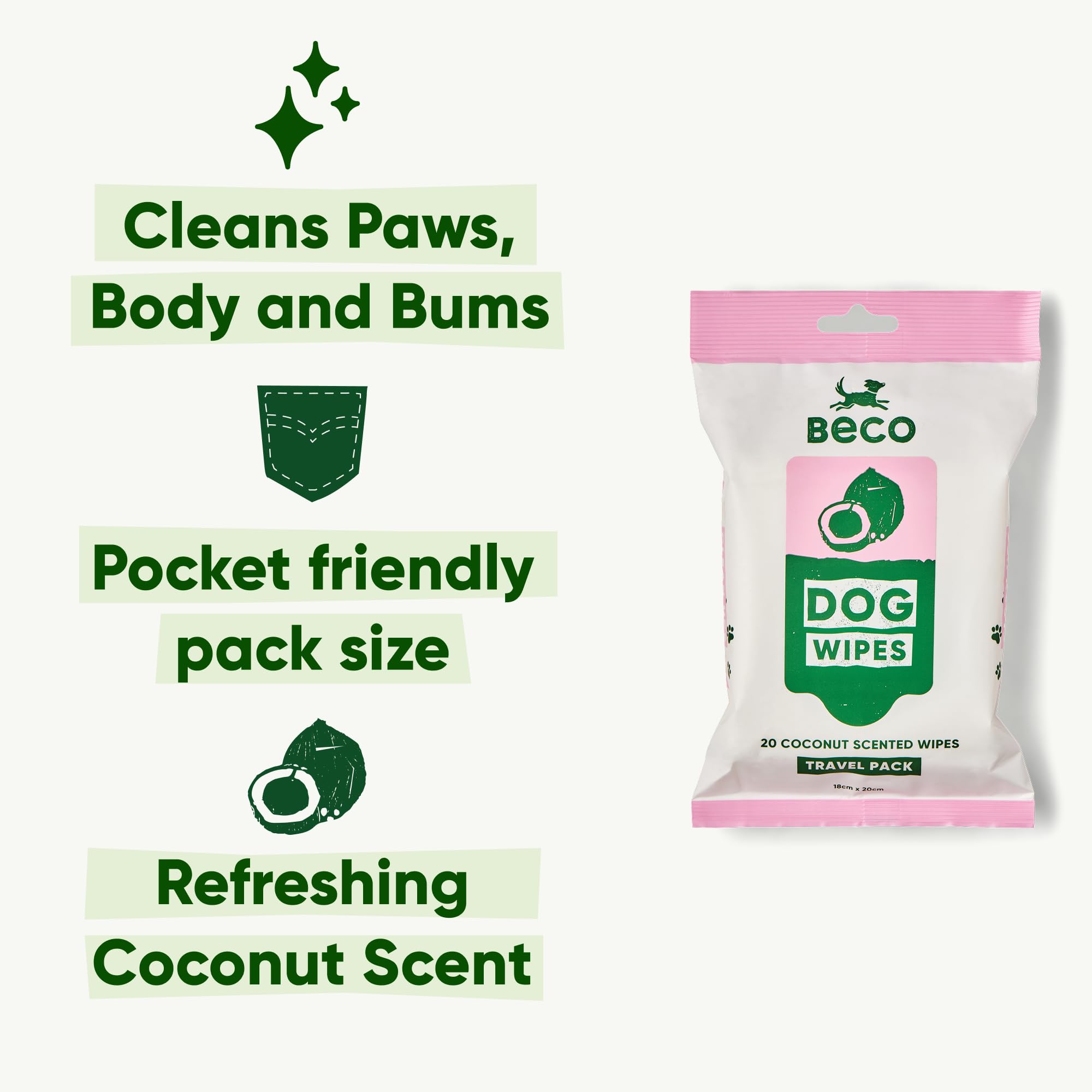Beco Dog Wipes - Coconut Scented, Hypoallergenic, 6 Travel Packs of 20 Wipes 2