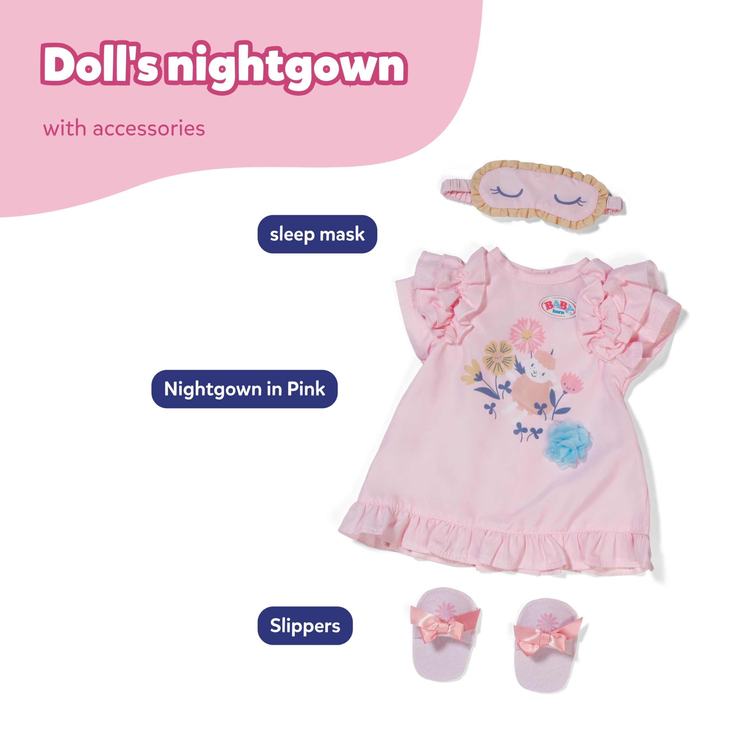BABY born Nightgown Set - Includes Sleep Mask & Slippers | Pink | Polyester