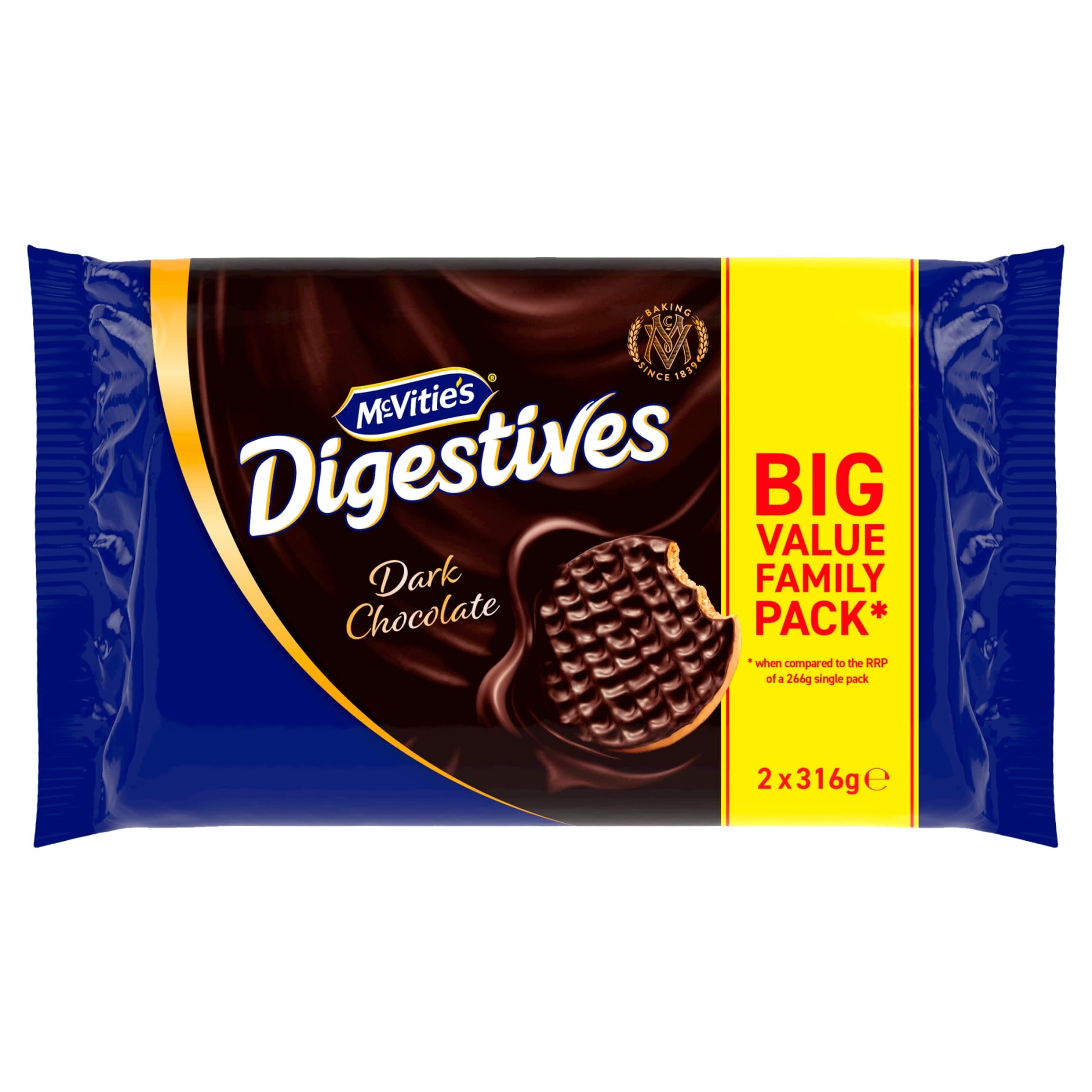 McVitie's Dark Digestive Biscuits Twin Pack - 2 x 316g (632g Total) | Fiber Rich | Dark Chocolate Coated
