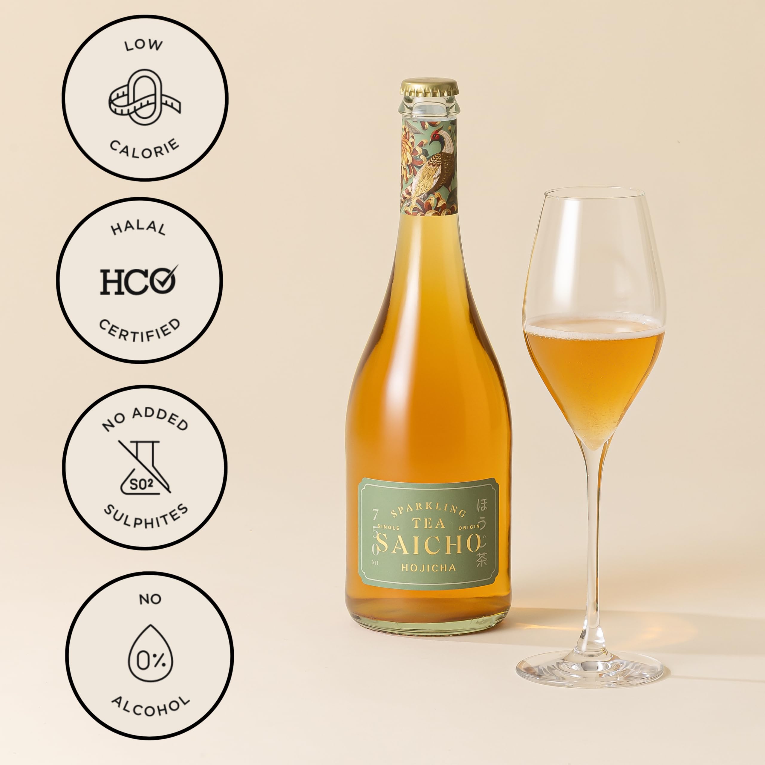 SAICHO Luxurious Non-Alcoholic Hojicha Sparkling Tea - Low Calorie, Cold Brewed | 1 Count