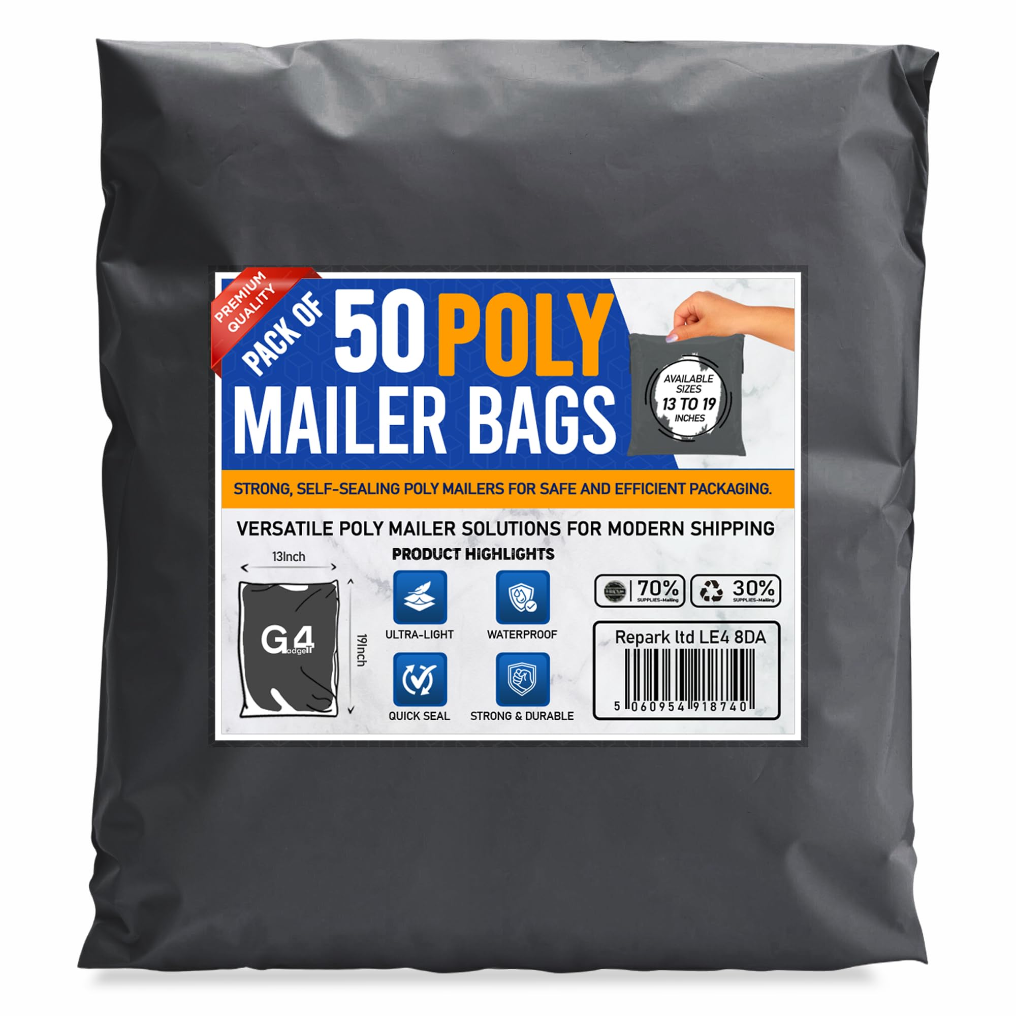 G4GADGET Grey Mailing Bags - 50 Pack, 13x19 Inch, Heavy Duty Plastic for eCommerce 1