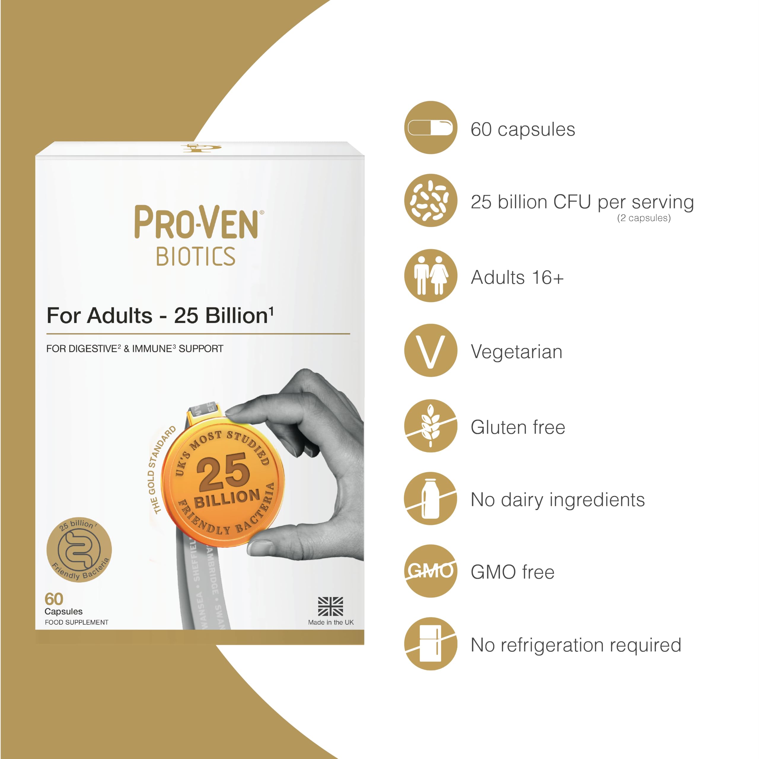 Pro-Ven Digestive Health & Immune Support Probiotic Capsules - 25 Billion CFU | 60 Count