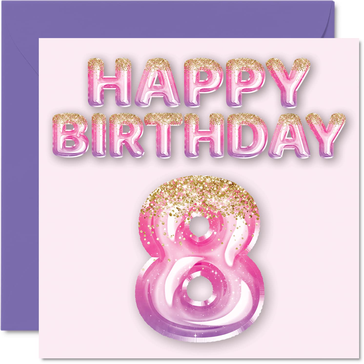 Stuff4 8th Birthday Card - Pink & Purple Glitter Balloons | 145mm Square | Blank Inside